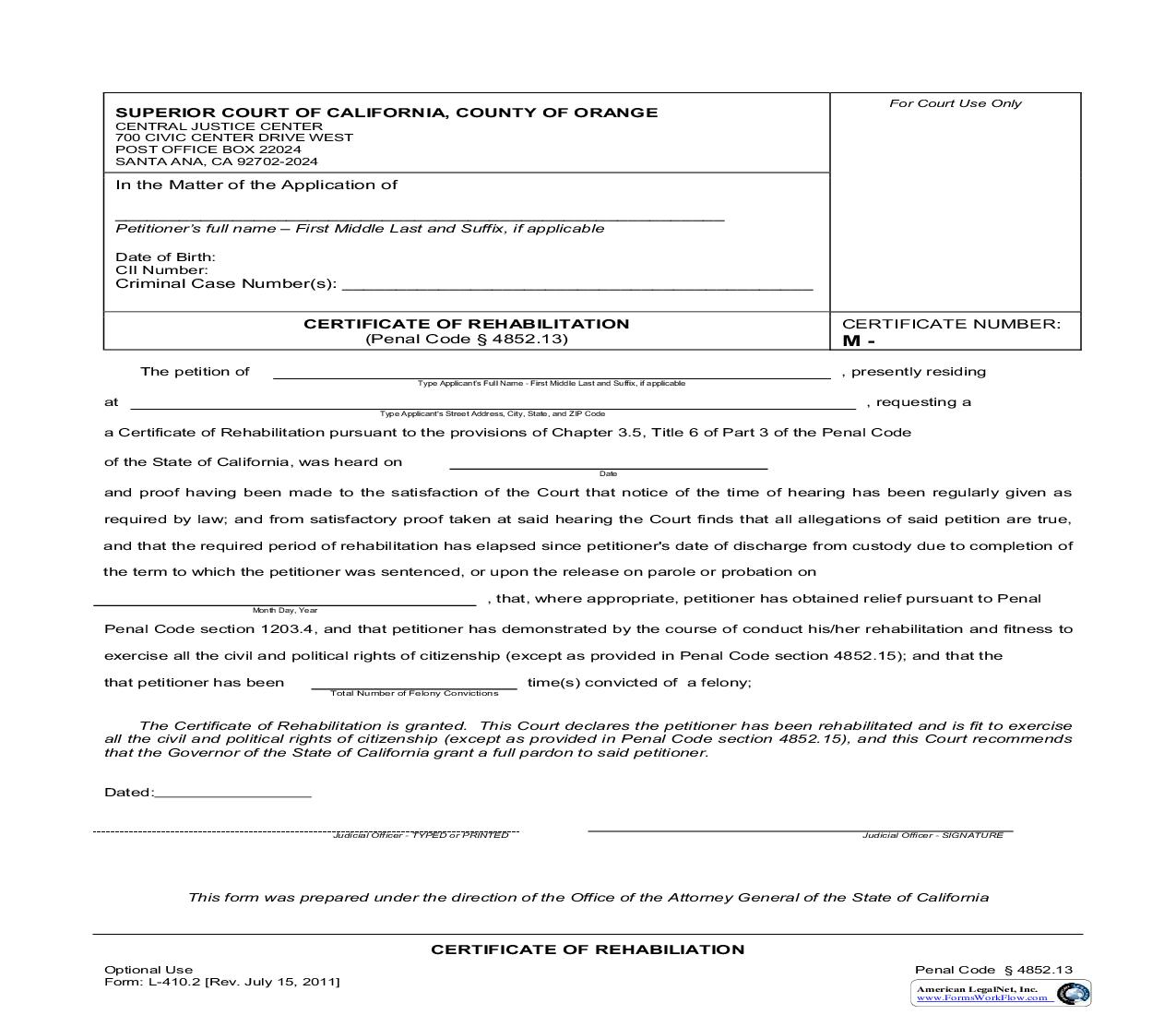 Certificate Of Rehabilitation {L-410.2} | Pdf Fpdf Doc Docx | California