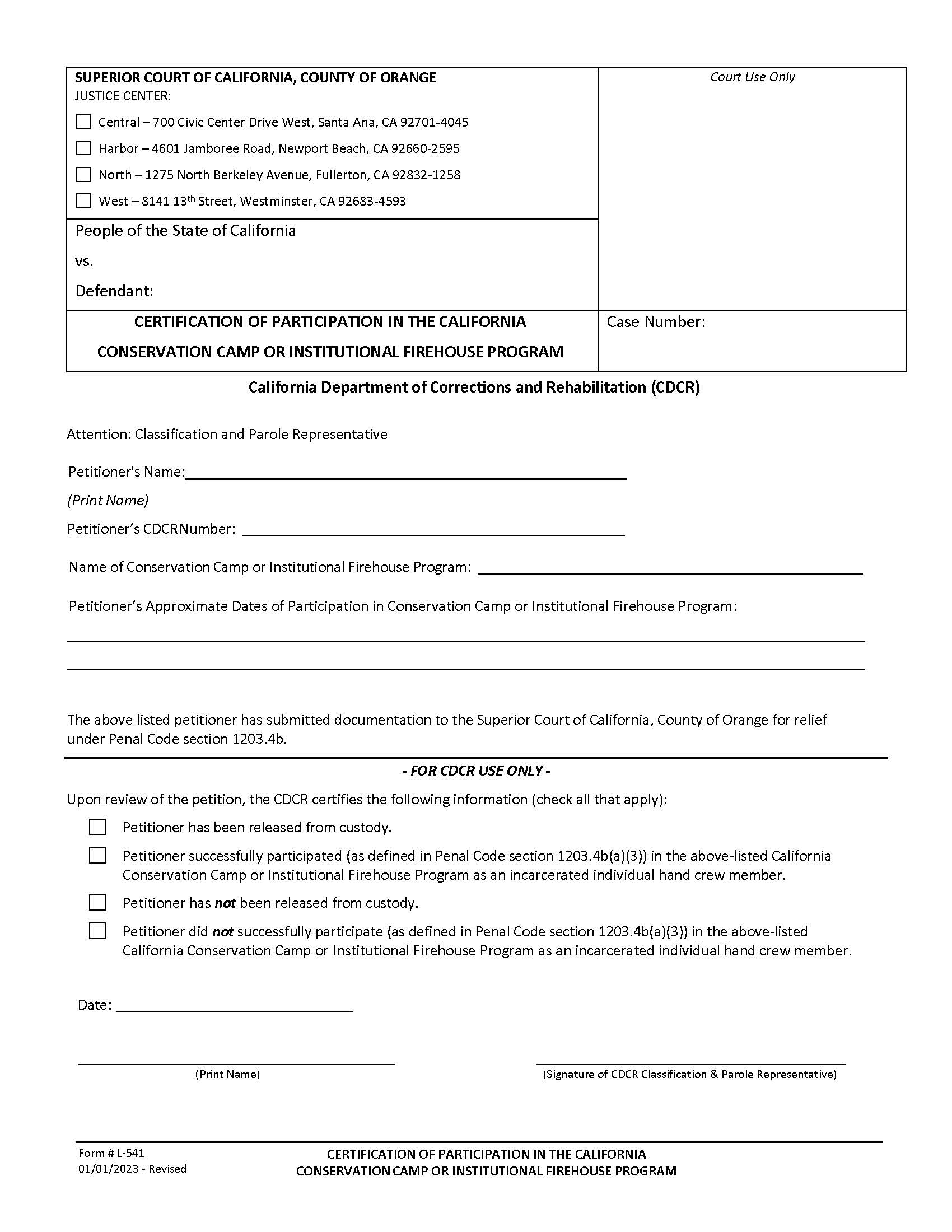 Certification Of Participation In The California Conservation Camp Or Institutional Firehouse Program {L-0541} | Pdf Fpdf Docx | California
