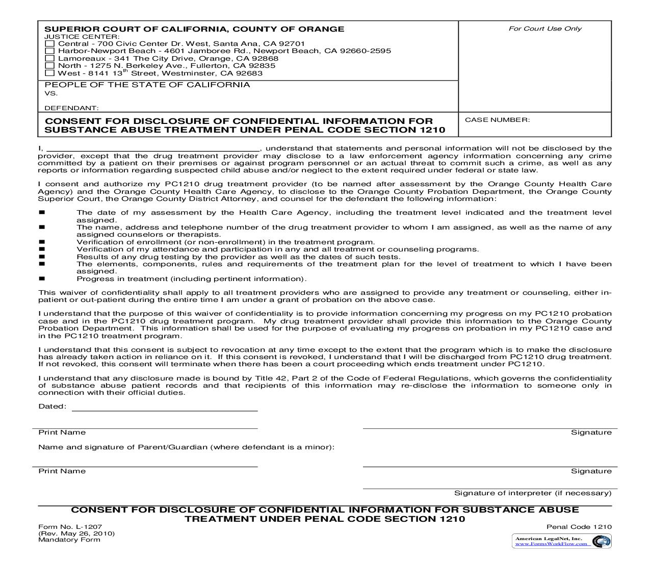 Consent For Disclosure Of Confidential Information For Substance Abuse Treatment {L-1207} | Pdf Fpdf Doc Docx | California