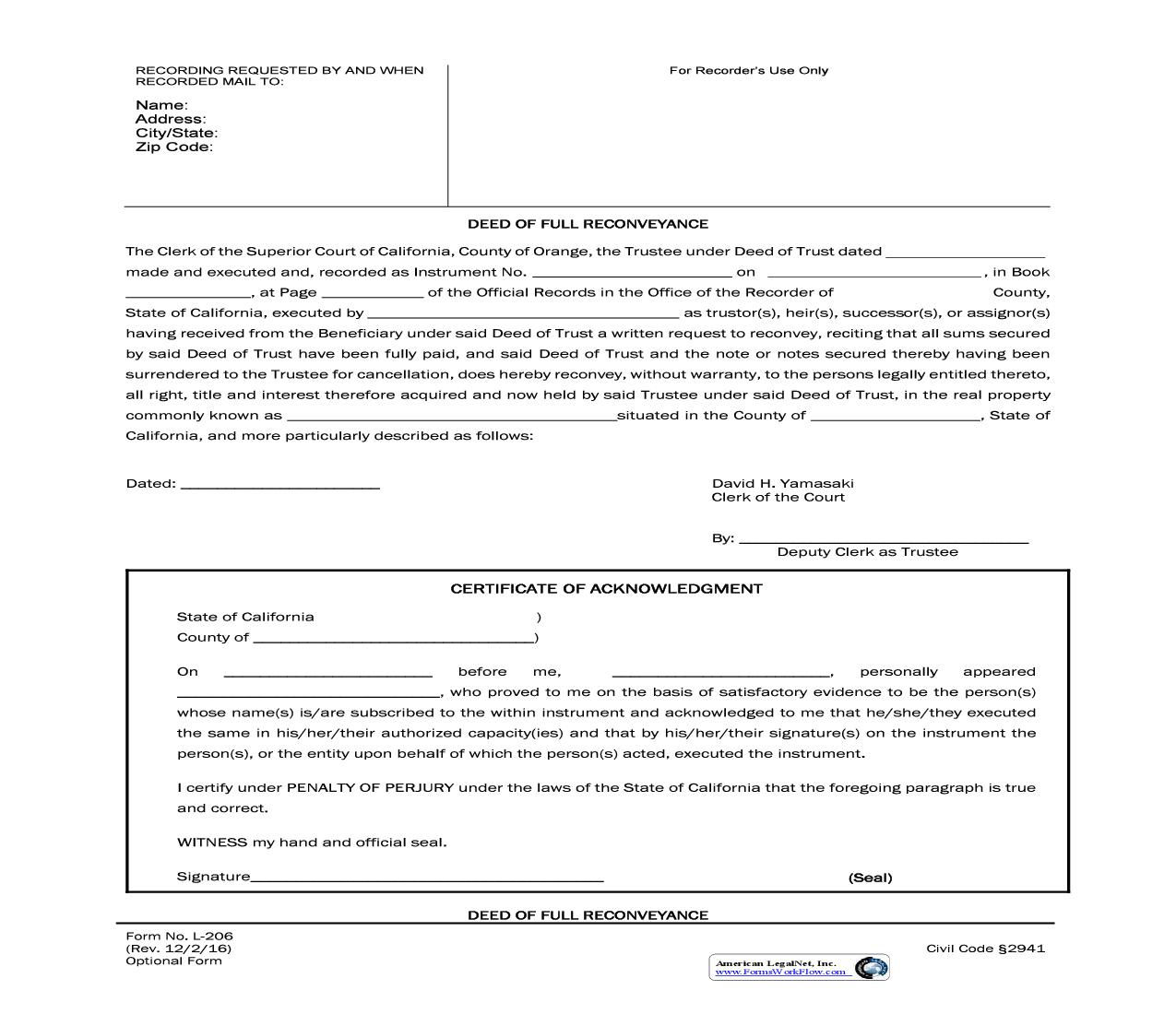 Deed Of Full  Reconveyance {L-206} | Pdf Fpdf Doc Docx | California