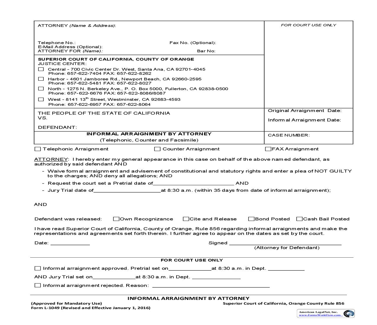 Informal Arraignment By Attorney {L-1049} | Pdf Fpdf Doc Docx | California