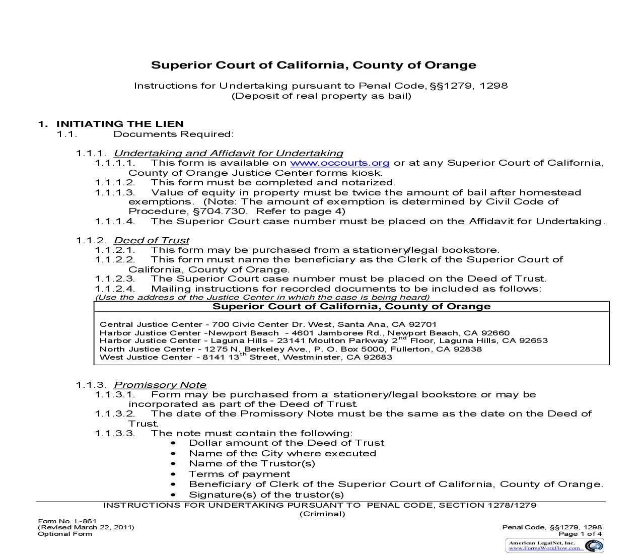 Instructions For Undertaking (Deposit Of Real Property As Bail) {L-0861} | Pdf Fpdf Doc Docx | California