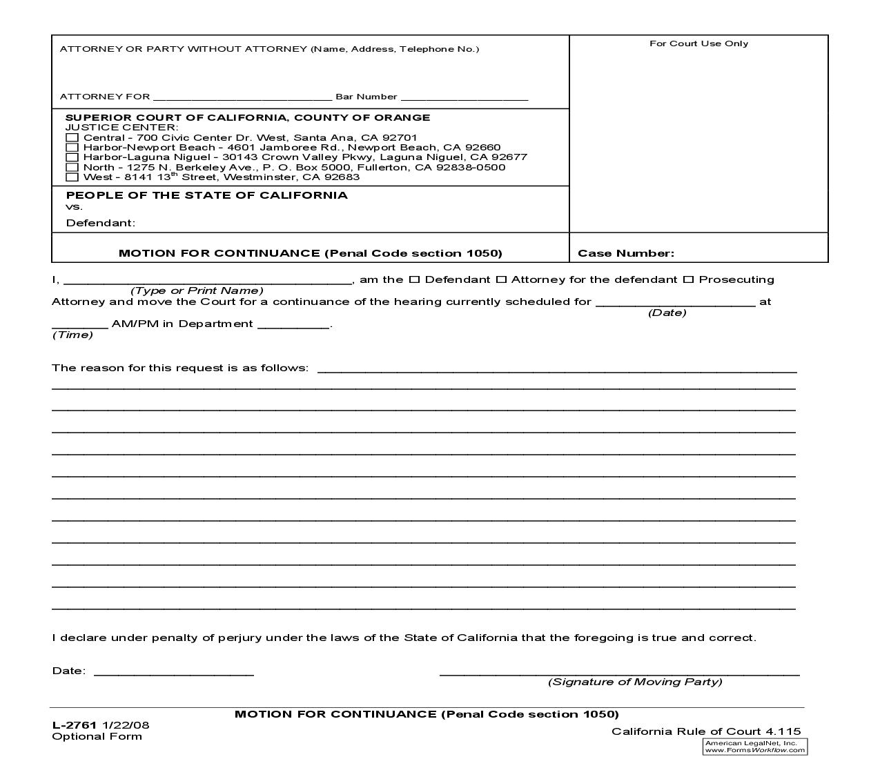 Motion For Continuance (Penal Code Section 1050) {L-2761} | Pdf Fpdf Doc Docx | California