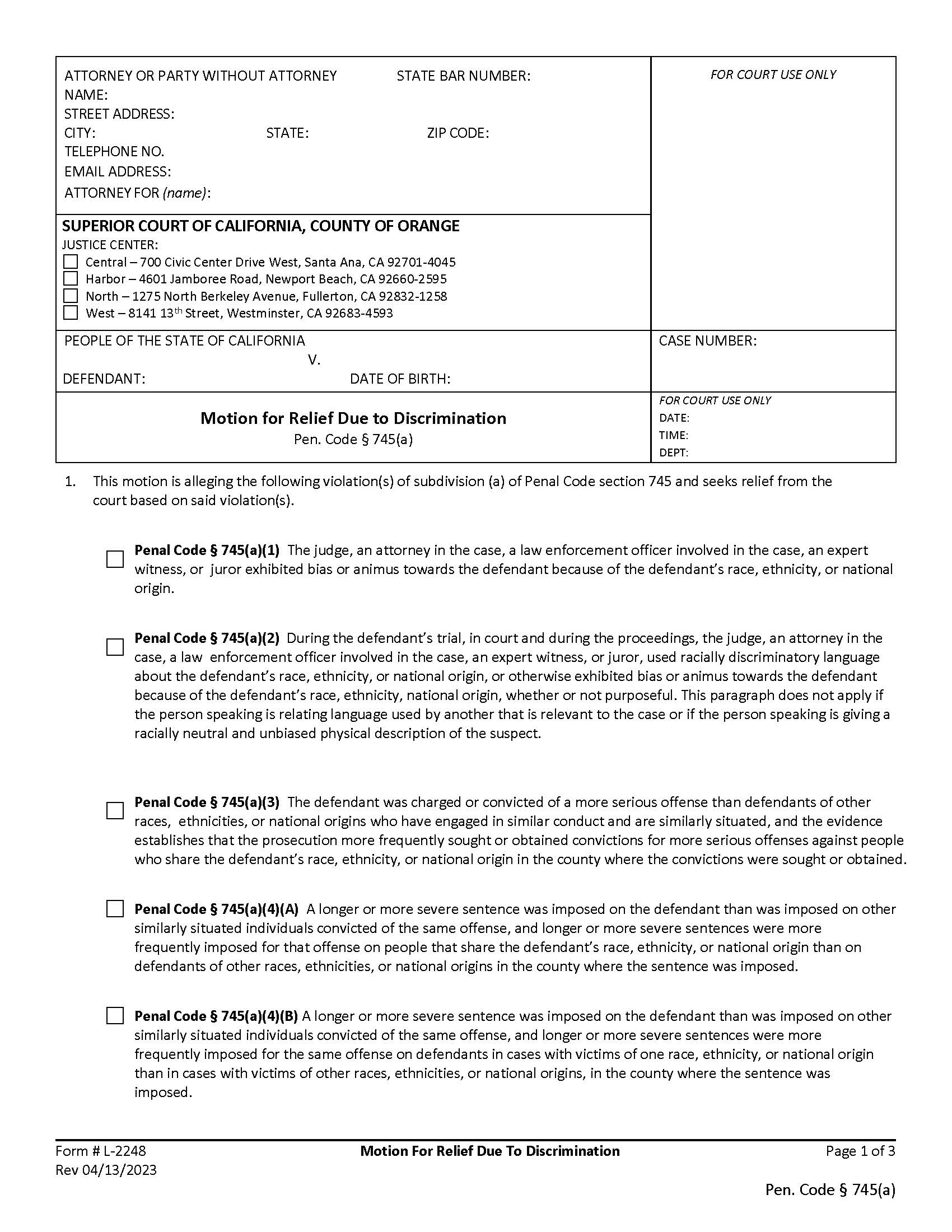 Motion For Relief Due To Discrimination {L-2248} | Pdf Fpdf Docx | California