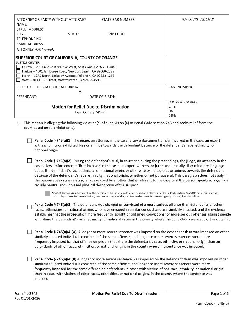 Motion For Relief Due To Discrimination {L-2248} | Pdf Fpdf Docx | California