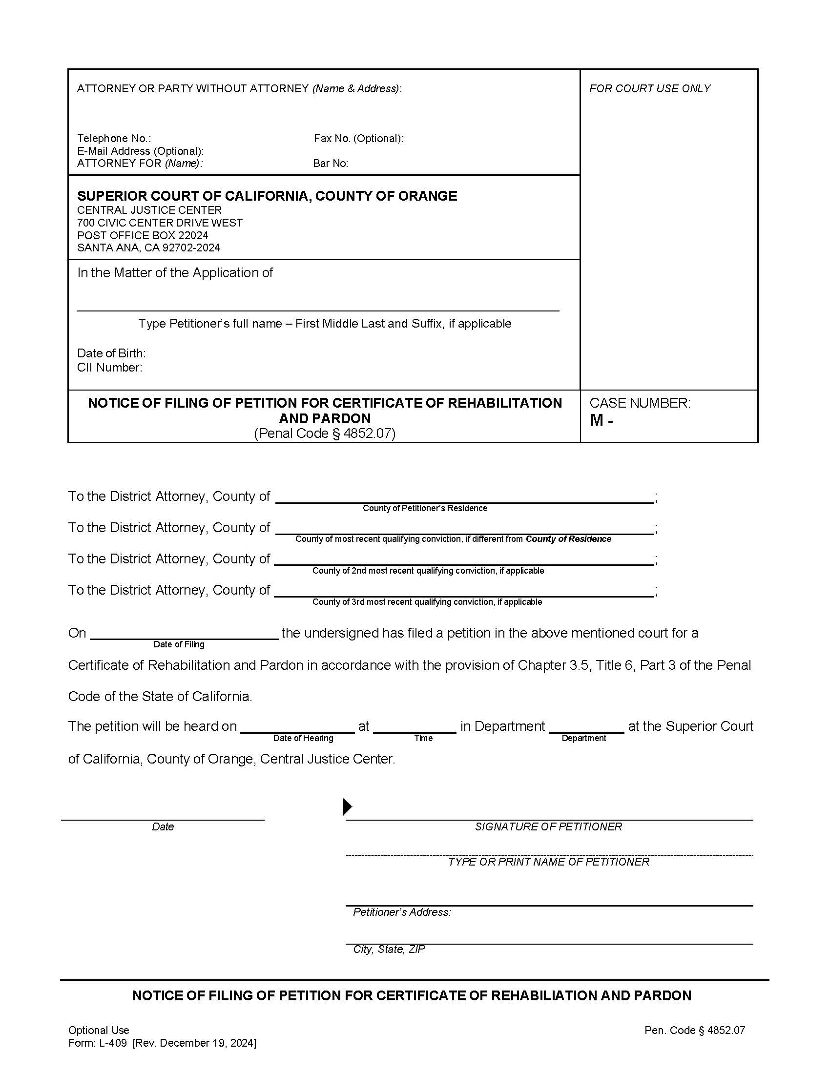 Notice Of Filing Of Petition For Certificate Of Rehabilitation And Pardon {L-409} | Pdf Fpdf Doc Docx | California