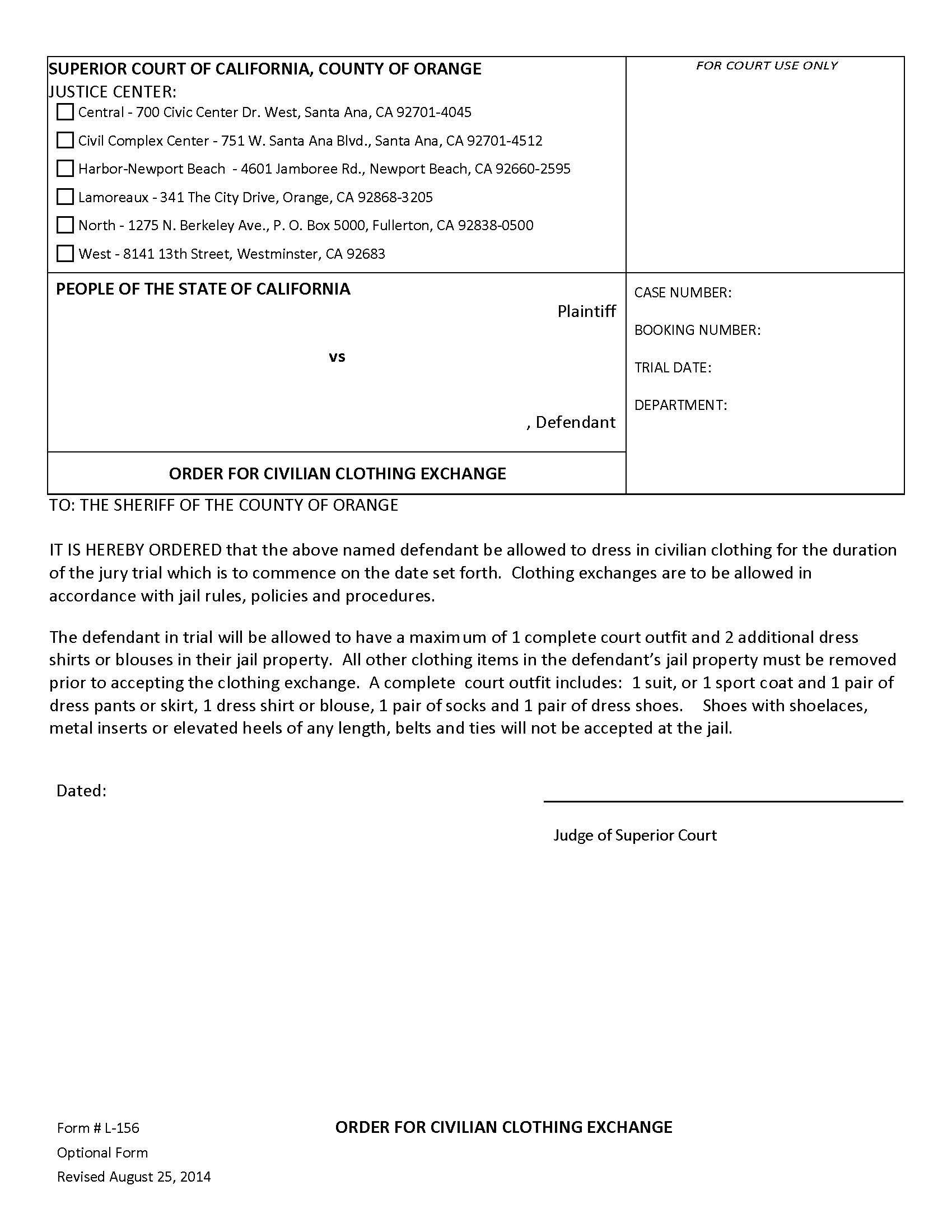 Order For Civilian Clothing Exchange {L-156} | Pdf Fpdf Doc Docx | California