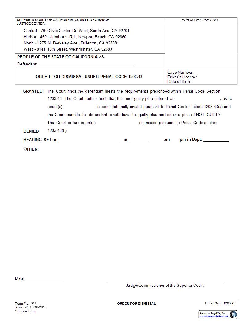 Order For Dismissal Pursuant To Penal Code 1203.43 {L-581} | Pdf Fpdf Docx | California