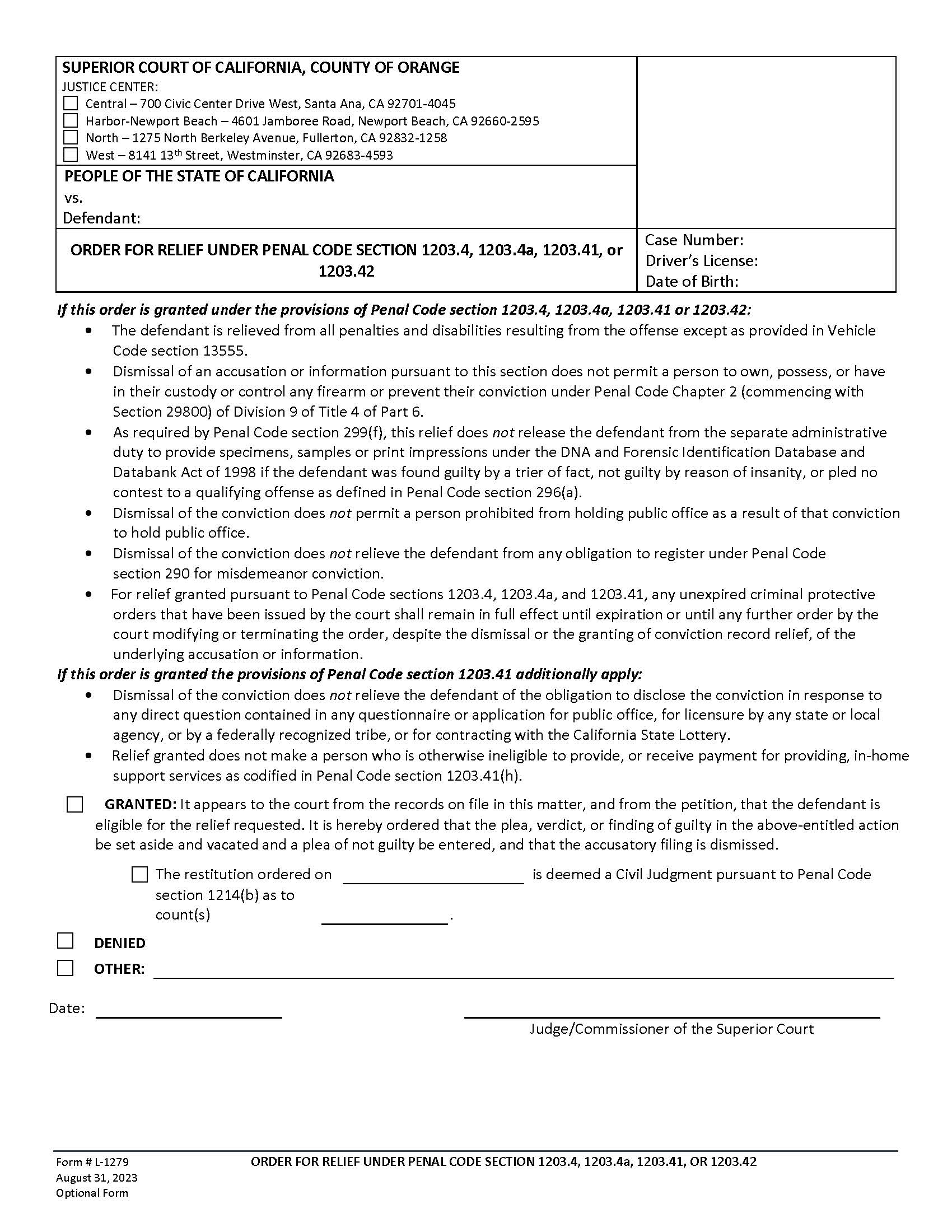 Order For Relief Under Penal Code 1203.4 1203.4a {L-1279} | Pdf Fpdf Docx | California
