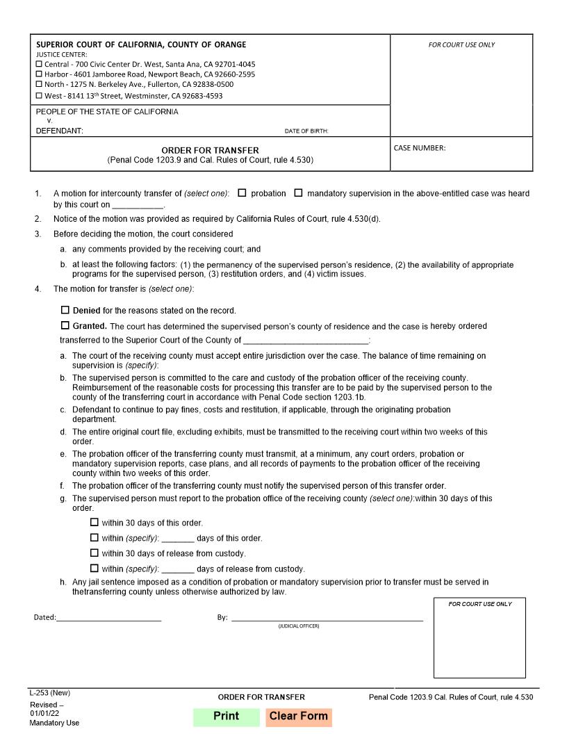 Order For Transfer Pursuant To Penal Code 1203.9 {L-0253} | Pdf Fpdf Docx | California