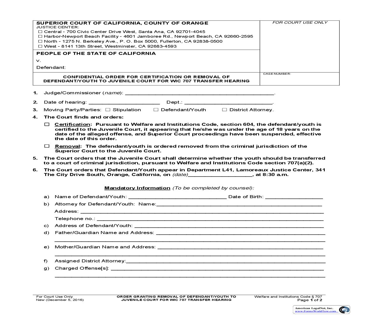 Order Granting Removal Of Defendent-Youth To Juvenile Court | Pdf Fpdf Doc Docx | California