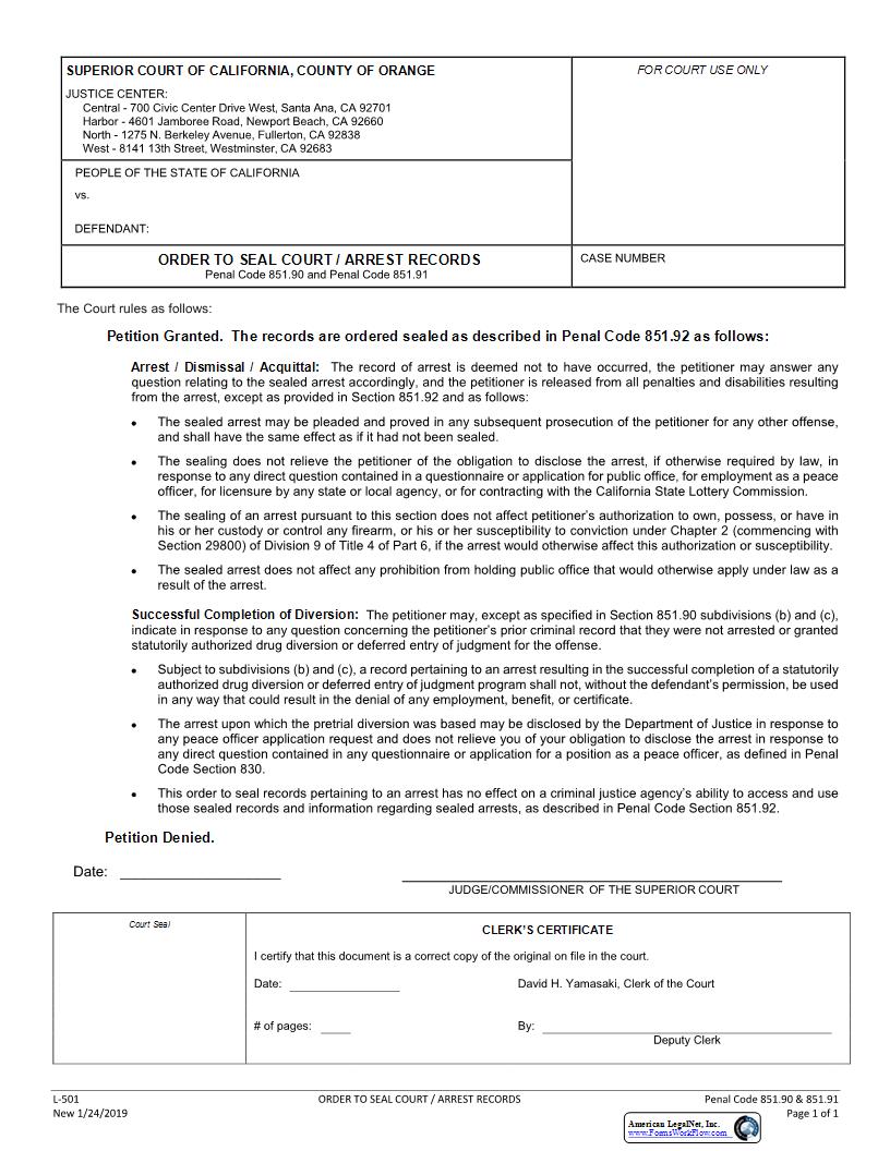 Order To Seal Court-Arrest Records {L-501} | Pdf Fpdf Docx | California