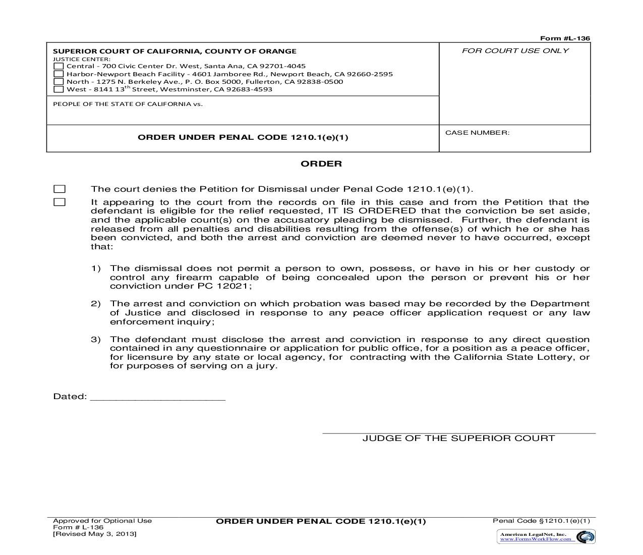 Order Under Penal Code 1210.1(e)(1) {L-136} | Pdf Fpdf Doc Docx | California