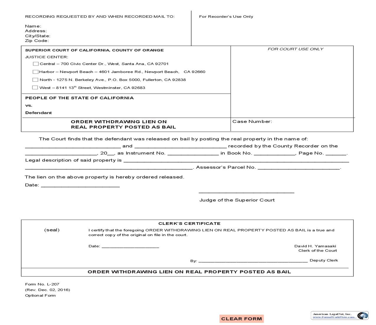 Order Withdrawing Lien On Real Property Posted As Bail {L-207} | Pdf Fpdf Doc Docx | California