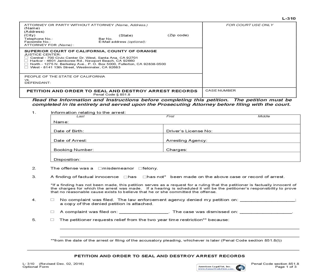 Petition And Order To Seal And Destroy Arrest Records {L-0310} | Pdf Fpdf Doc Docx | California