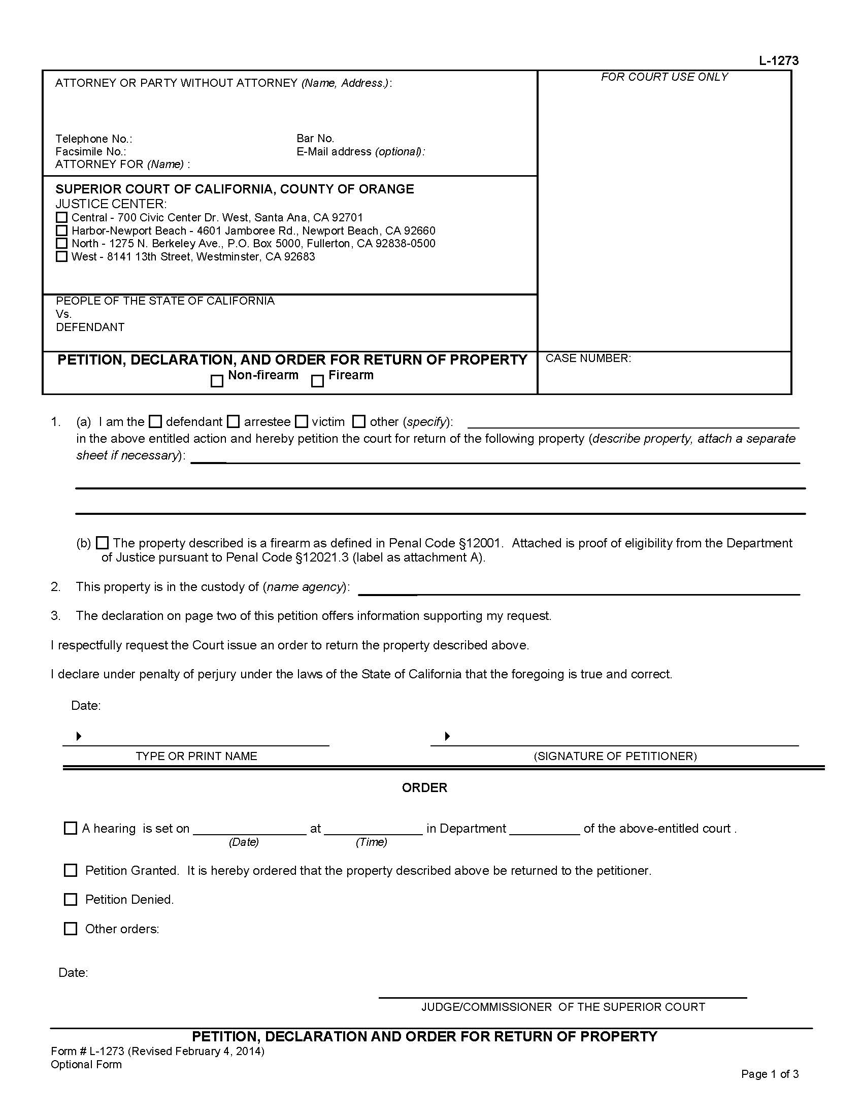 Petition Declaration And Order For Return Of Property {L-1273} | Pdf Fpdf Doc Docx | California
