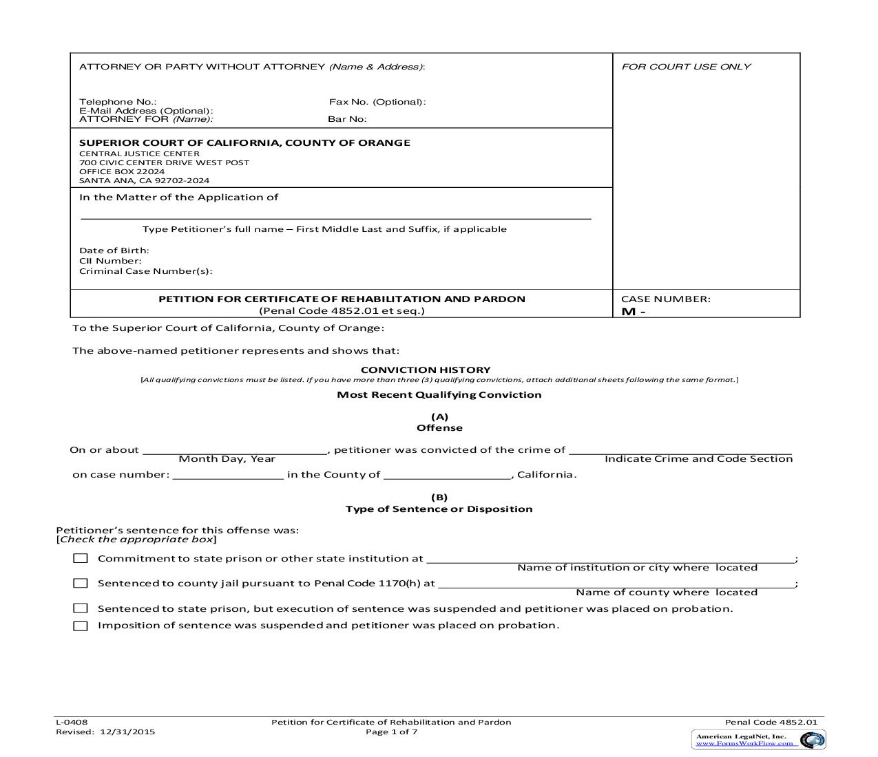 Petition For Certificate Of Rehabilitation And Pardon {L-0408} | Pdf Fpdf Doc Docx | California