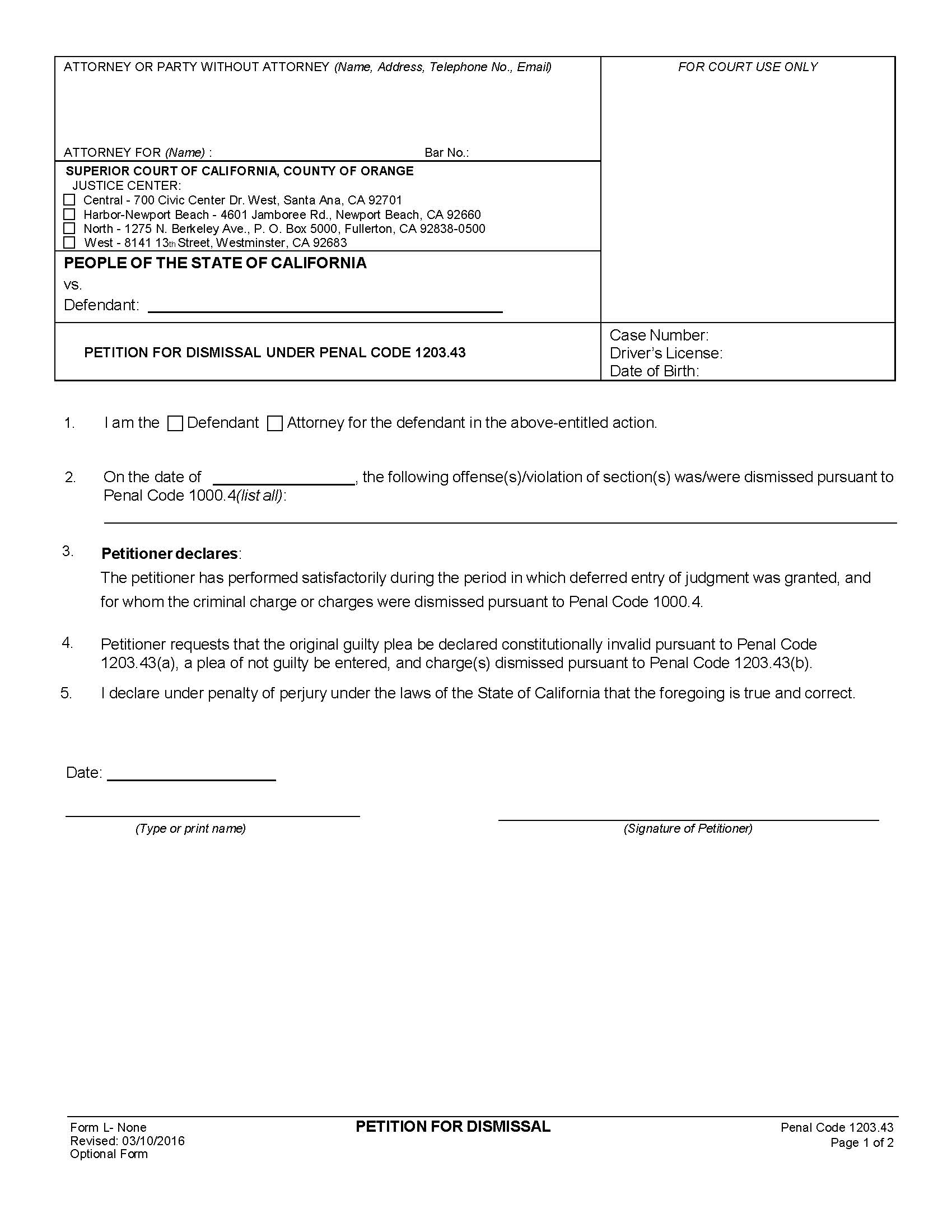 Petition For Dismissal Pursuant To Penal Code 1203.43 | Pdf Fpdf Docx | California