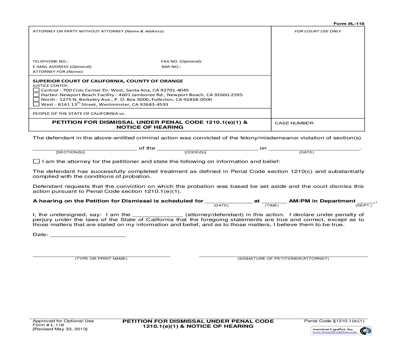 Petition For Dismissal Under Penal Code 1210.1(d) And Notice Of Hearing {L-118} | Pdf Fpdf Doc Docx | California