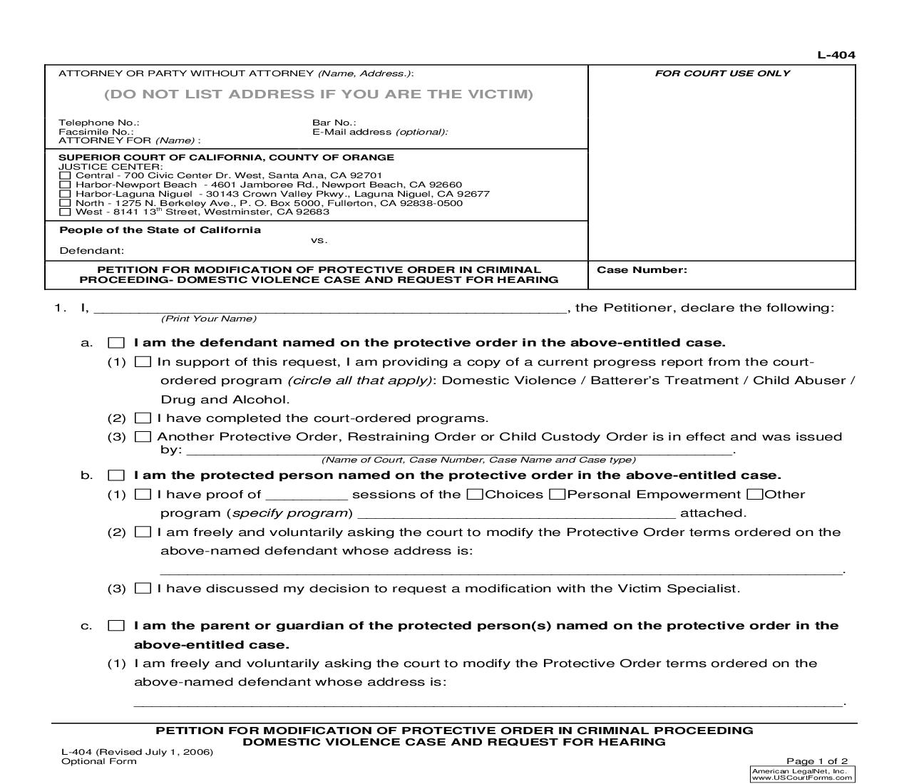 Petition For Modification Of Protective Order In Criminal Proceeding Domestic Violence Case And Request For Hearing {L-404} | Pdf Fpdf Doc Docx | California