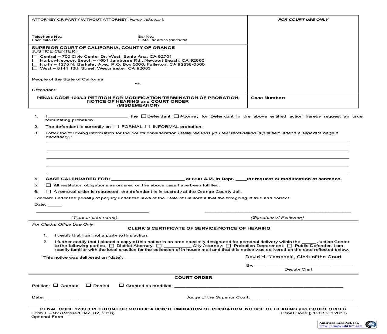 Petition For Modification-Termination Of Probation Notice Of Hearing And Court Order {L-92} | Pdf Fpdf Doc Docx | California