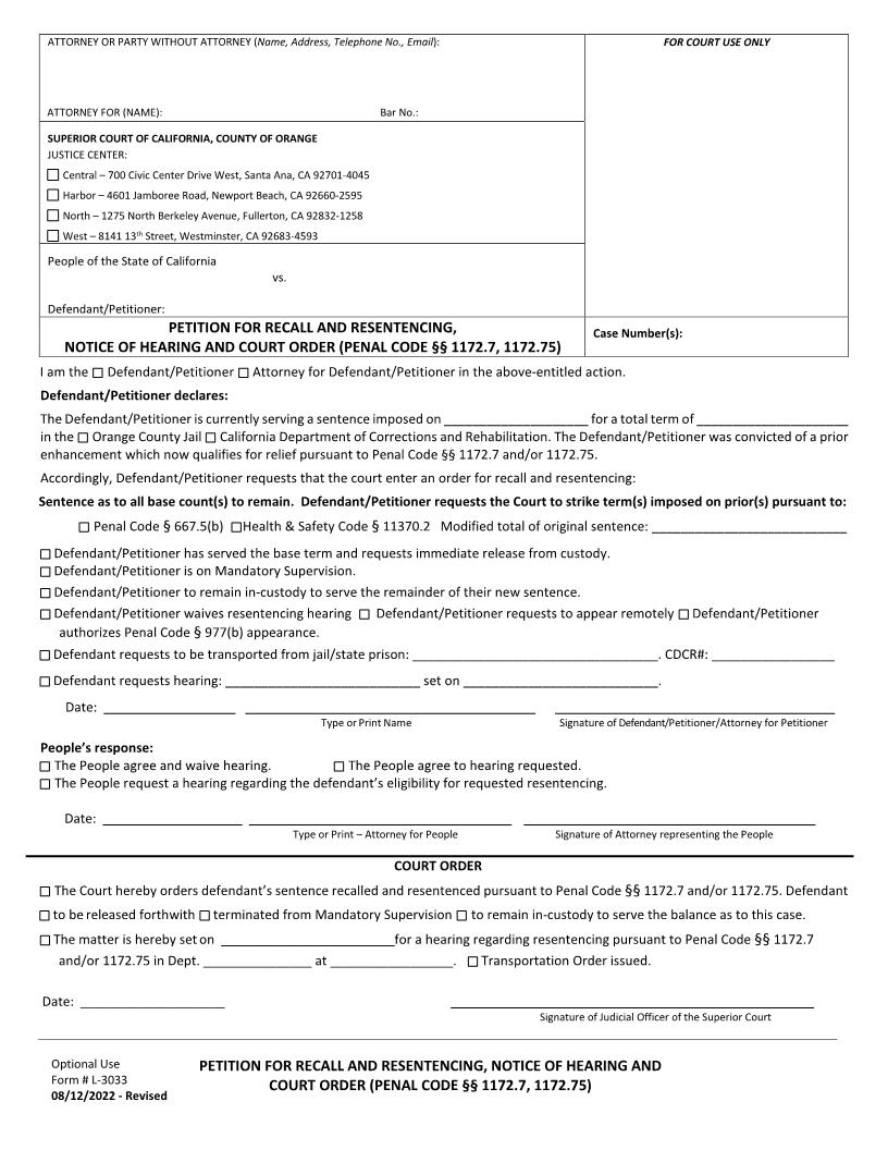 Petition For Recall And Resentencing Notice Of Hearing And Court Order {L-3033} | Pdf Fpdf Docx | California