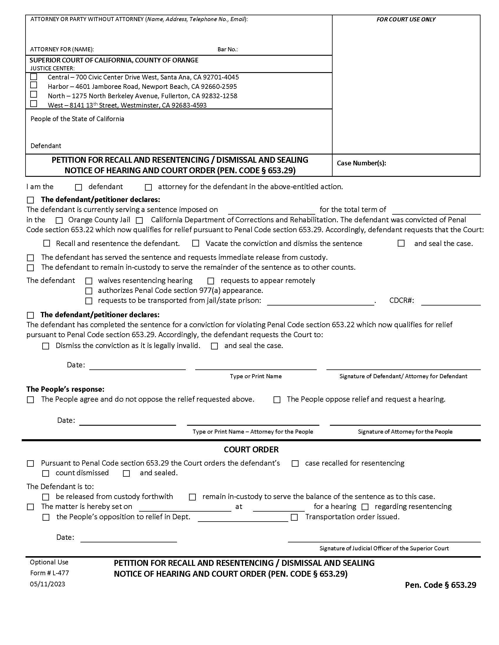 Petition For Recall And Resentencing-Dismissal And Sealing Notice Of Hearing {L-0477} | Pdf Fpdf Docx | California