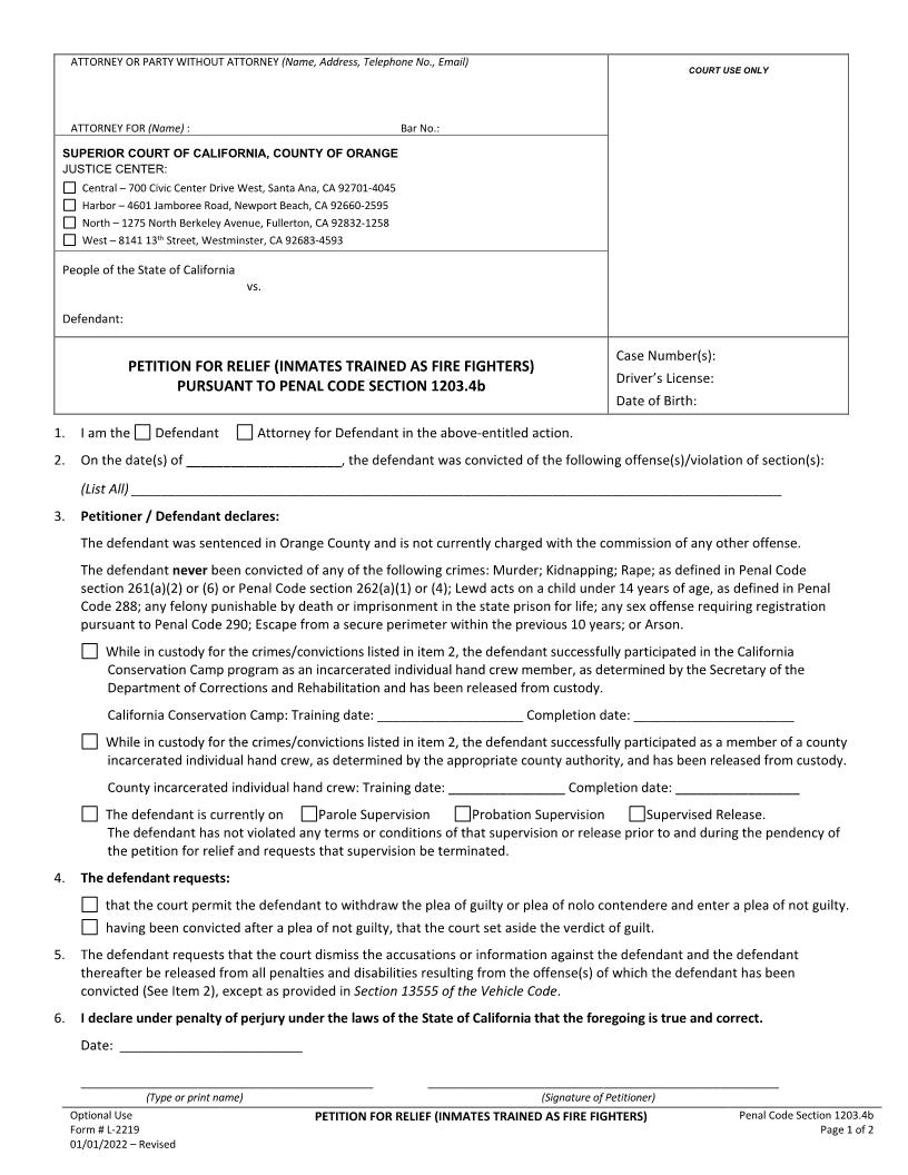 Petition For Relief (Inmates Trained As Fire Fighters) {L-2219} | Pdf Fpdf Docx | California