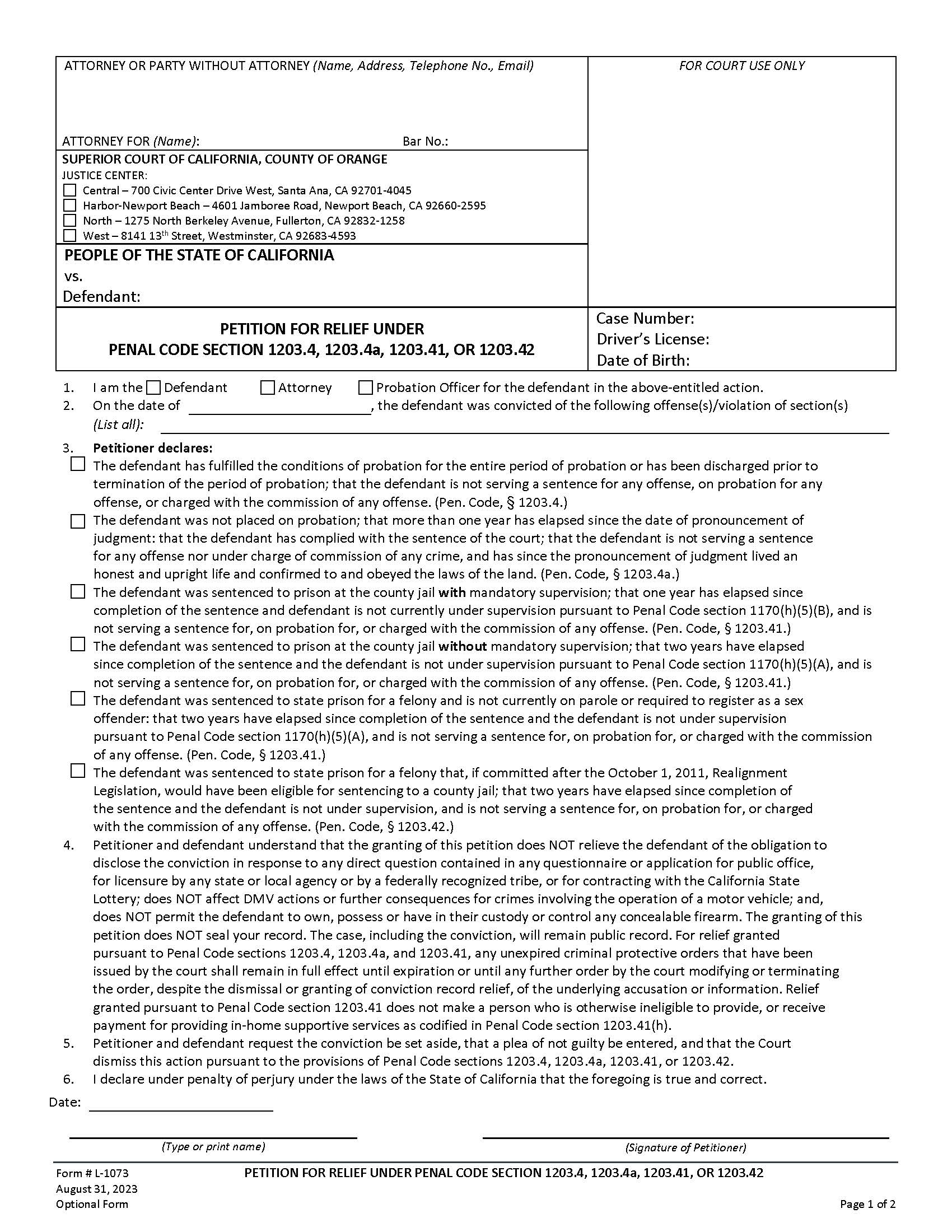 Petition For Relief Under Penal Code 1203.4-1203.4a {L-1073} | Pdf Fpdf Docx | California