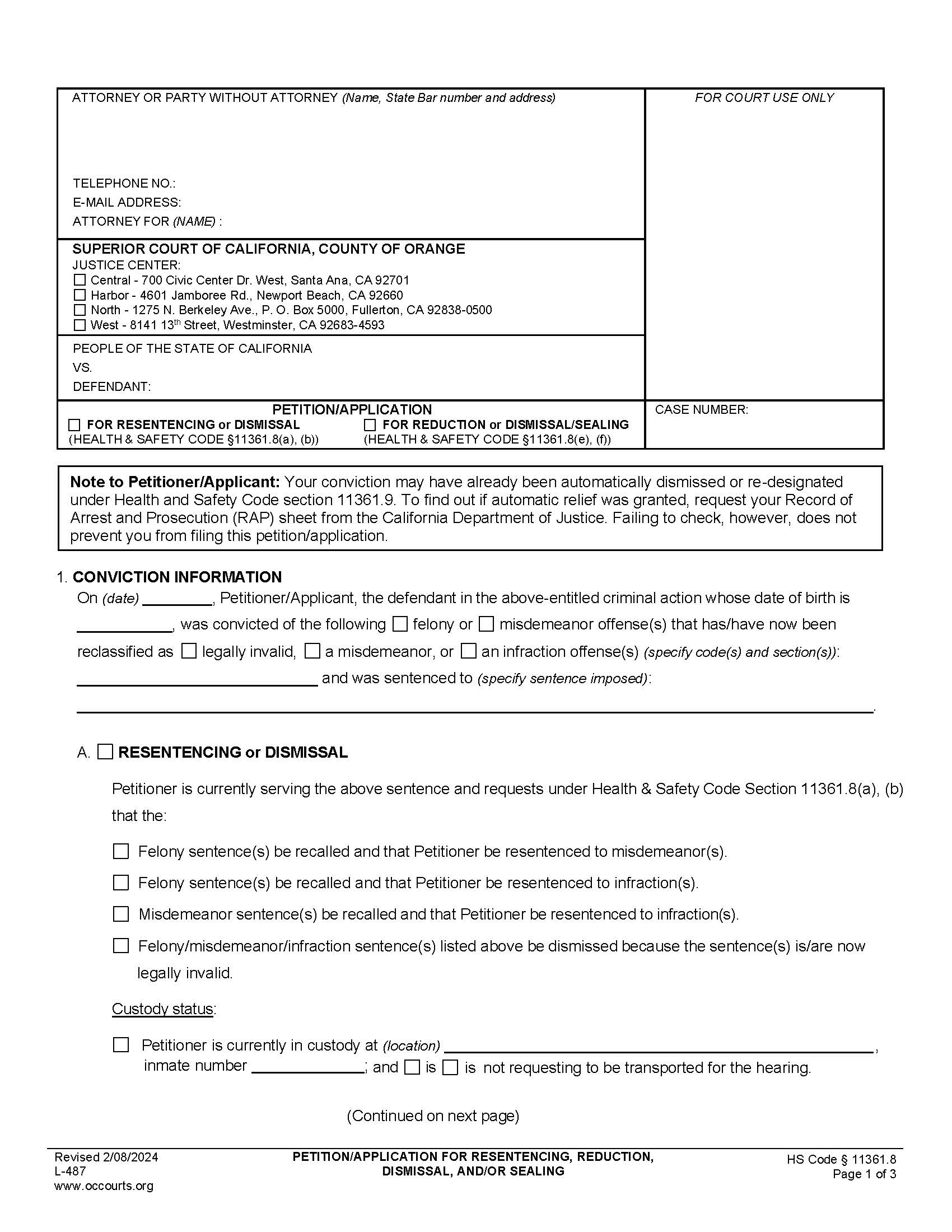 Petition Or Application Under HS 11361.8 (Proposition 64) {L-0487} | Pdf Fpdf Docx | California
