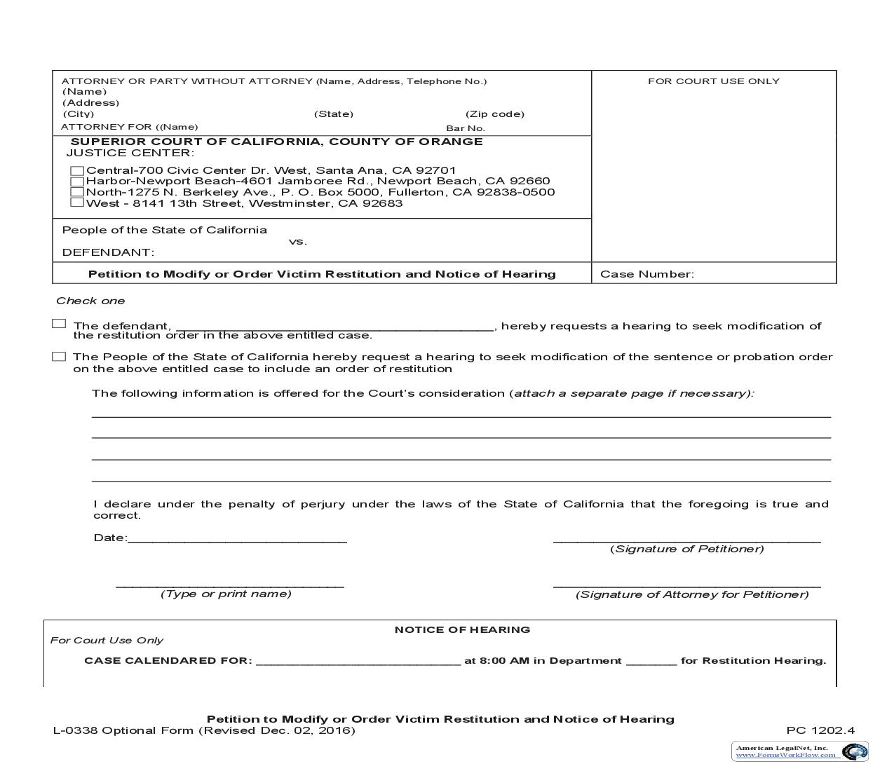 Petition To Modify Or Order Victim Restitution And Notice Of Hearing {L-0338} | Pdf Fpdf Doc Docx | California
