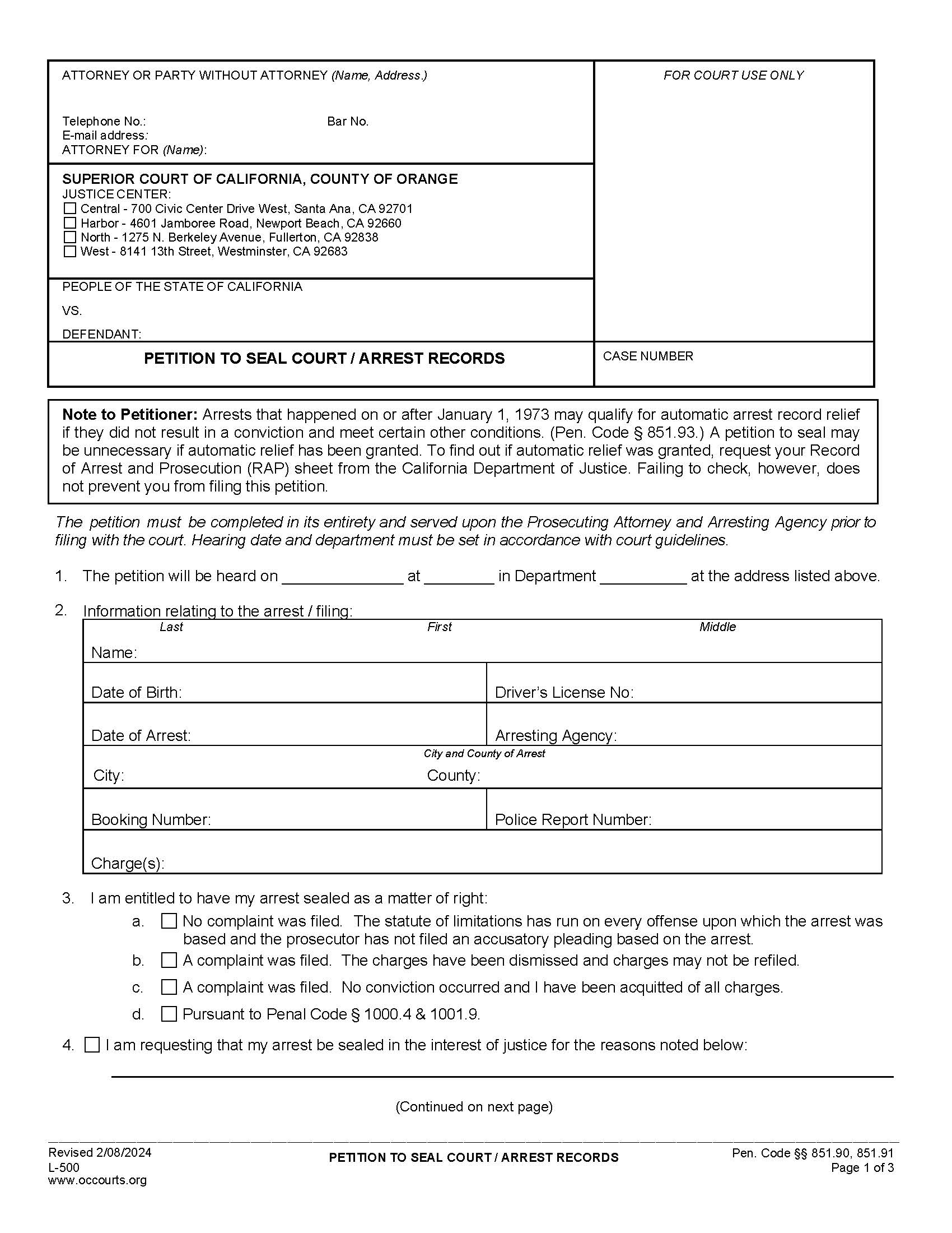 Petition To Seal Court-Arrest Records {L-500} | Pdf Fpdf Docx | California