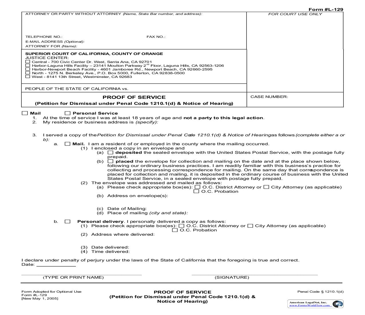 Proof Of Service (Petition For Dismissal Under Penal Code 1210.1(d) And Notice Of Hearing) {L-129} | Pdf Fpdf Doc Docx | California