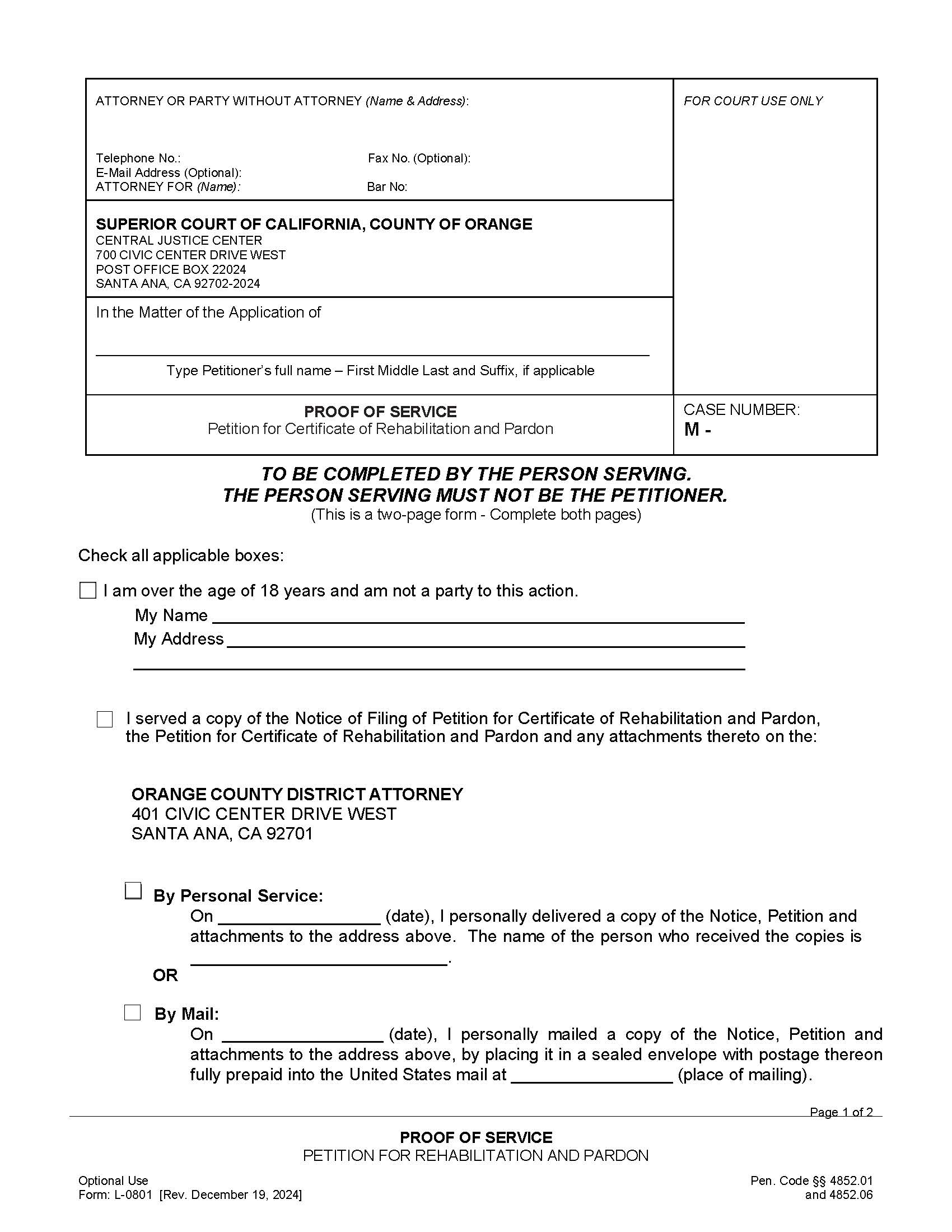 Proof Of Service (Petition For Rehabilitation And Pardon) {L-0801} | Pdf Fpdf Doc Docx | California