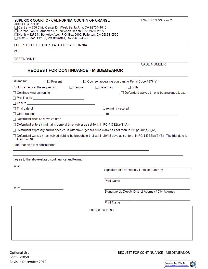 Request For Continuance-Misdemeanor {L-1050} | Pdf Fpdf Docx | California