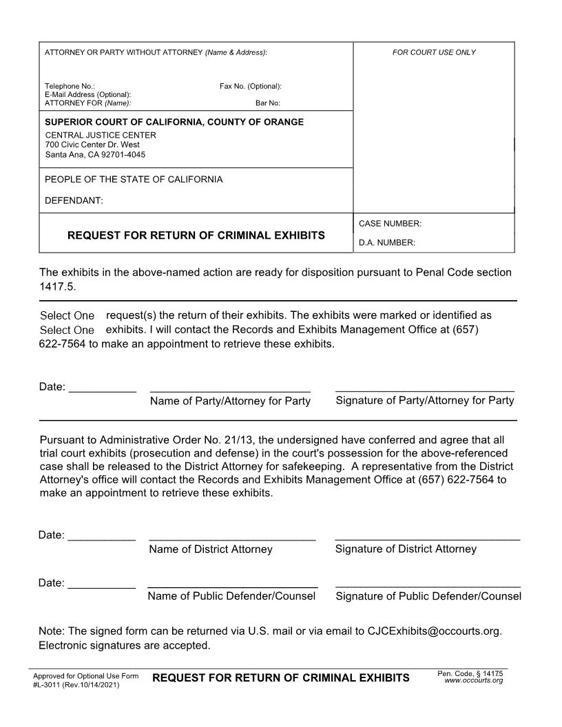 Request For Return Of Criminal Exhibits {L-3011} | Pdf Fpdf Docx | California