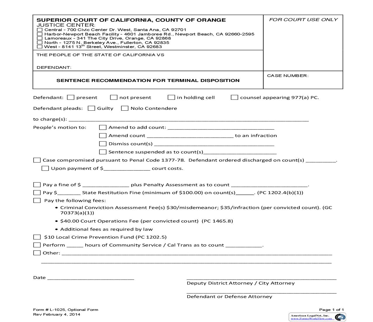 Sentence Recommendation For Terminal Disposition {L-1025} | Pdf Fpdf Doc Docx | California