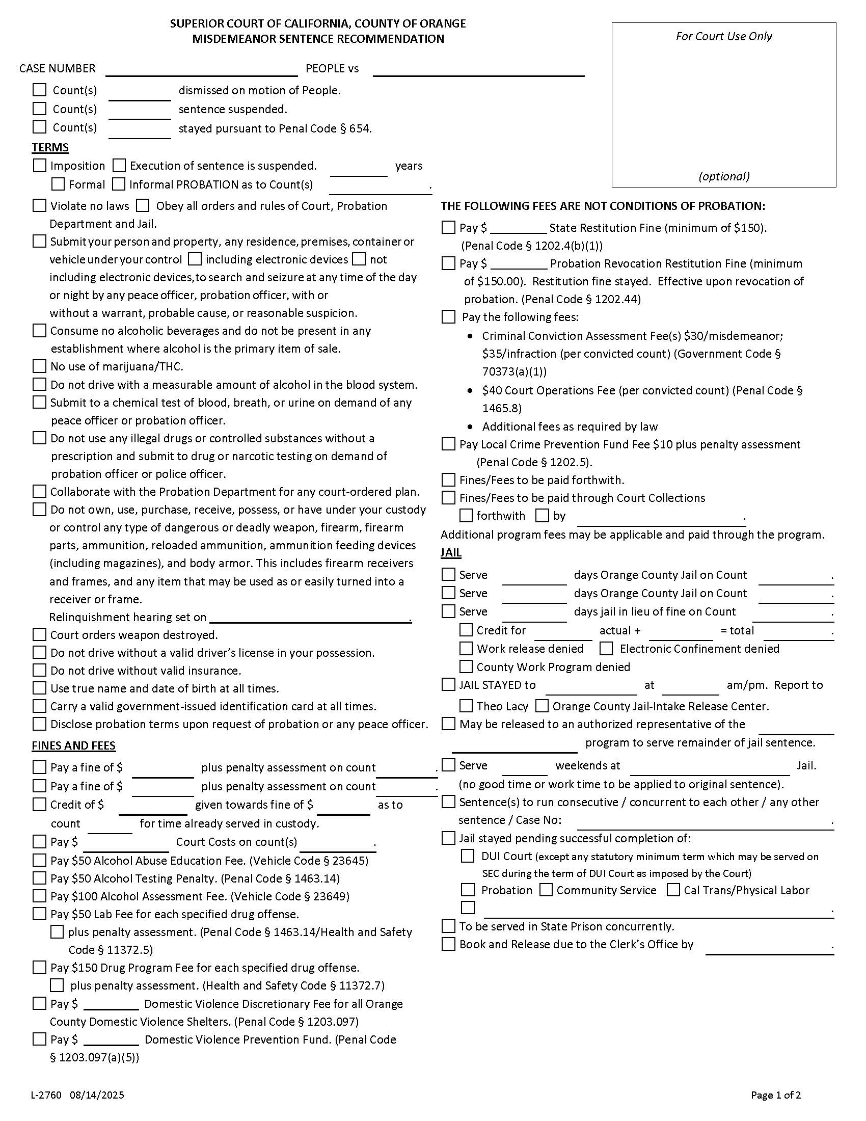 Sentence Recommendation Misdemeanor (Probation) {L-2760} | Pdf Fpdf Docx | California
