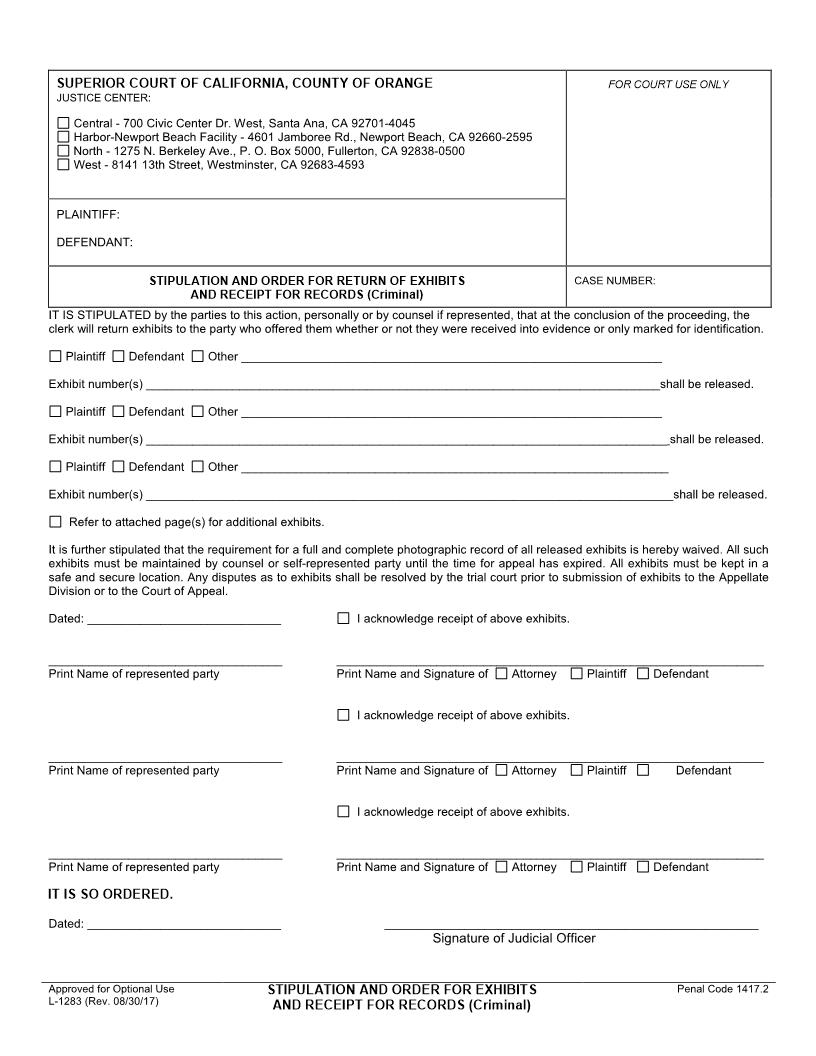 Stipulation And Order For Exhibits (Criminal) {L-1283} | Pdf Fpdf Doc Docx | California