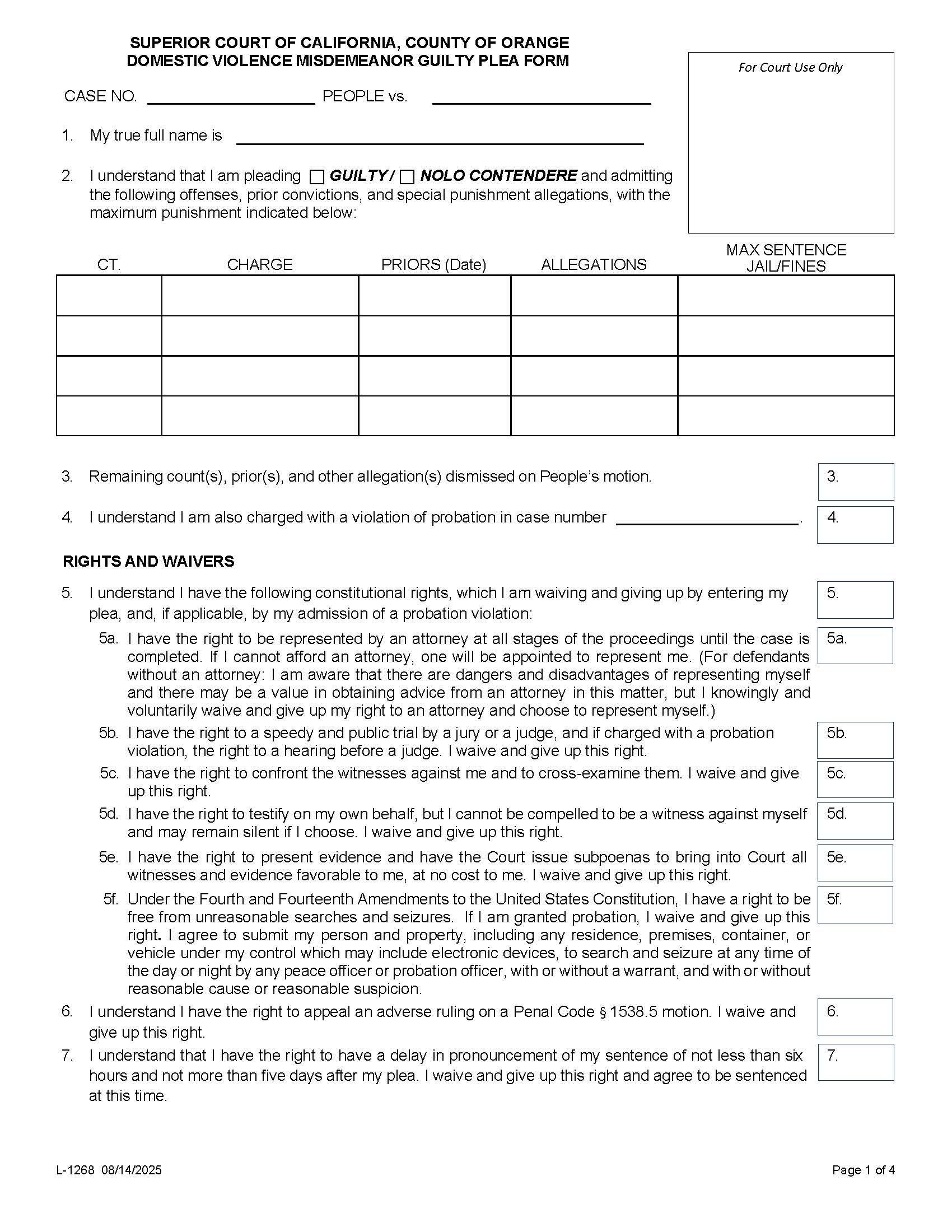 TAHL-Domestic Violence Misdemeanor Plea Form {L-1268} | Pdf Fpdf Docx | California