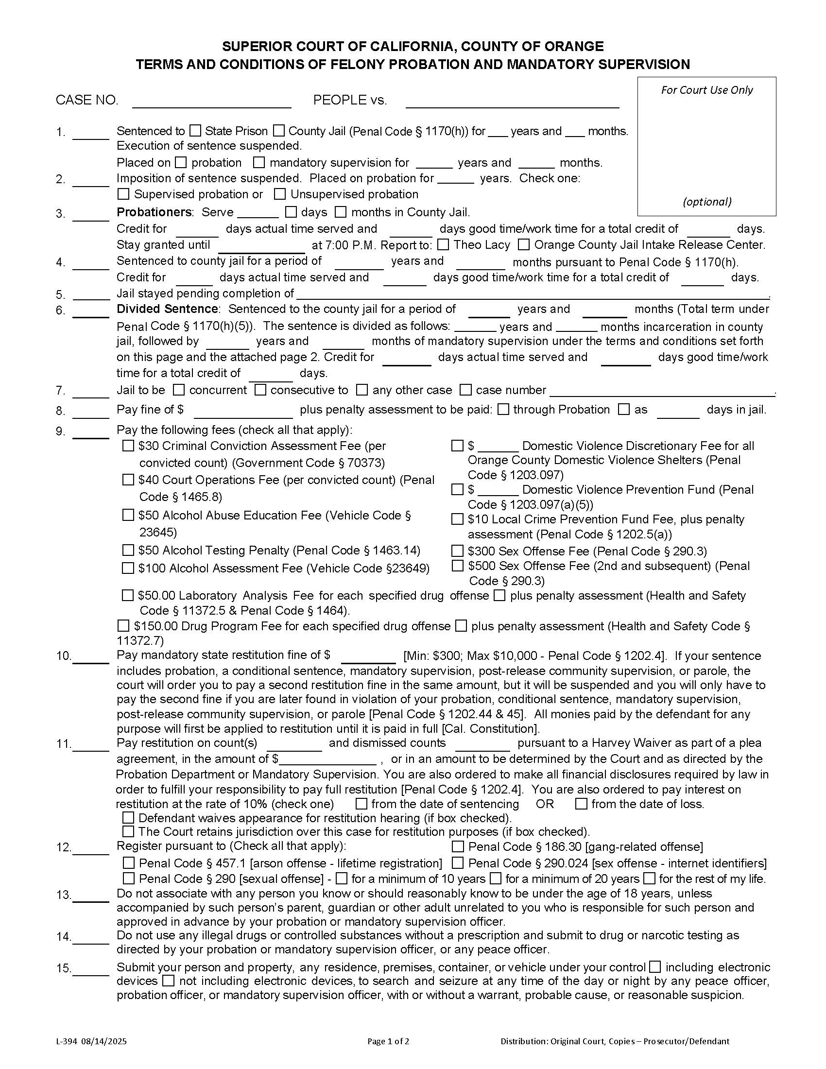 TAHL-Felony Terms And Conditions {L-0394} | Pdf Fpdf Docx | California