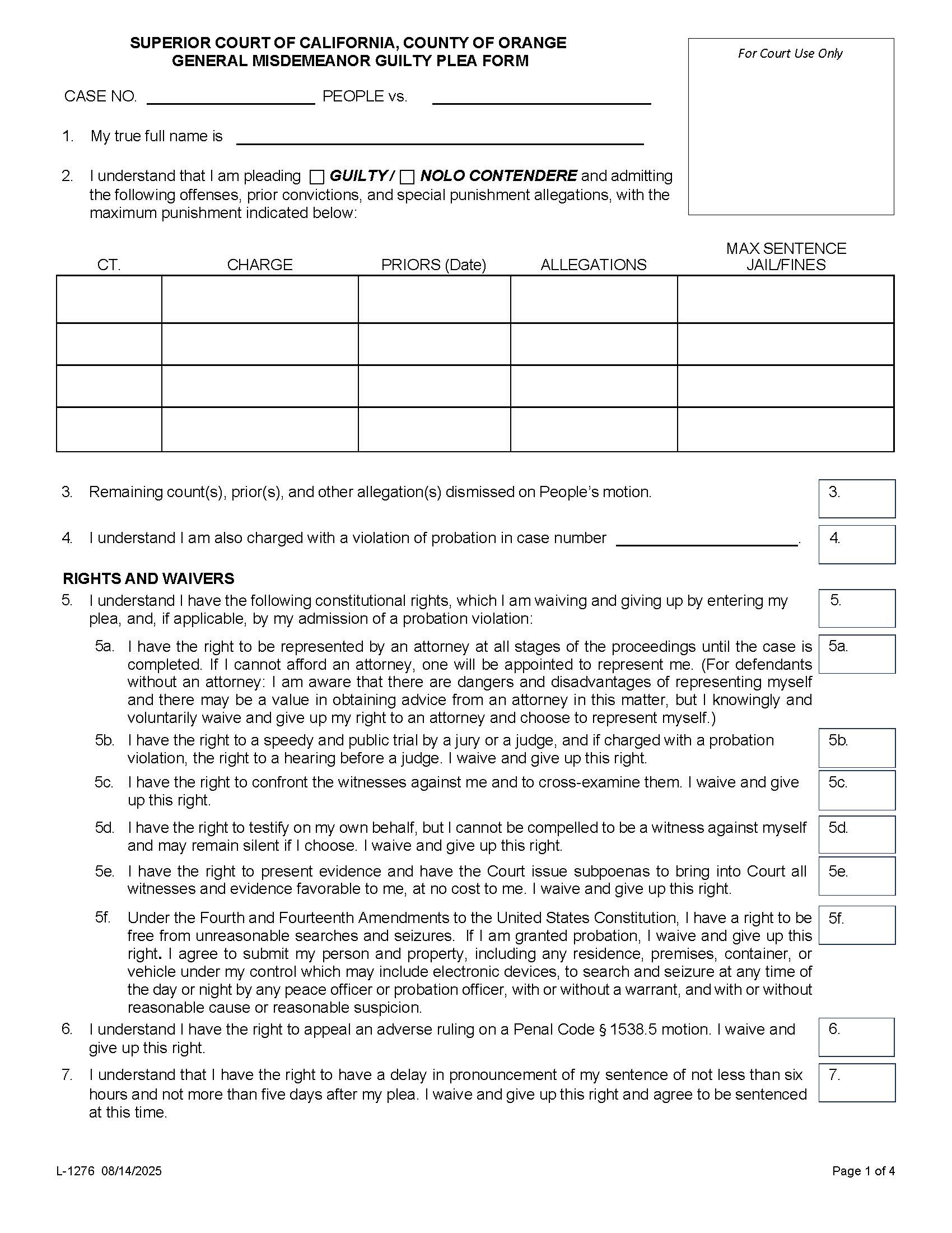 TAHL-General Misdemeanor Plea Form {L-1276} | Pdf Fpdf Docx | California