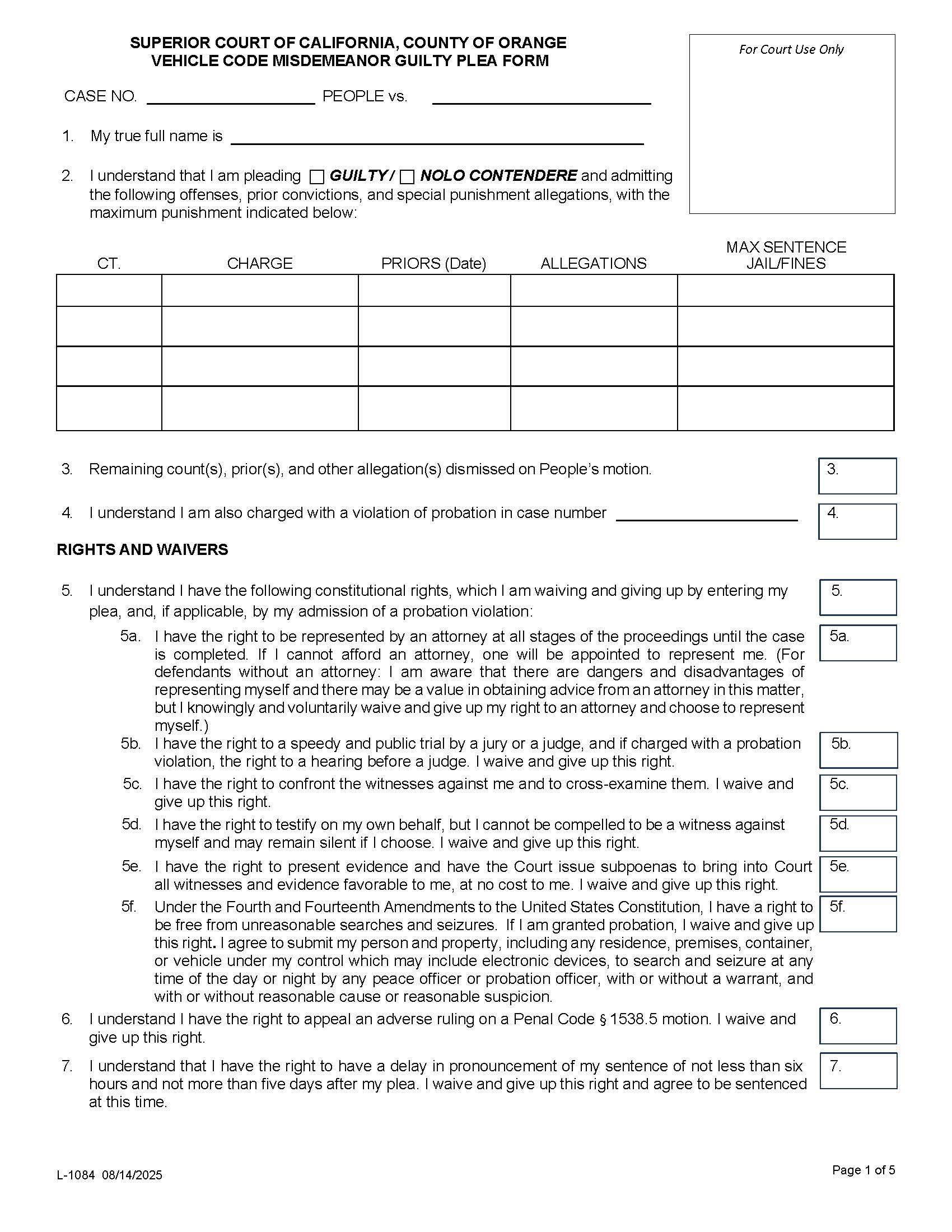 TAHL-Vehicle Misdemeanor Plea Form {L-1084} | Pdf Fpdf Docx | California