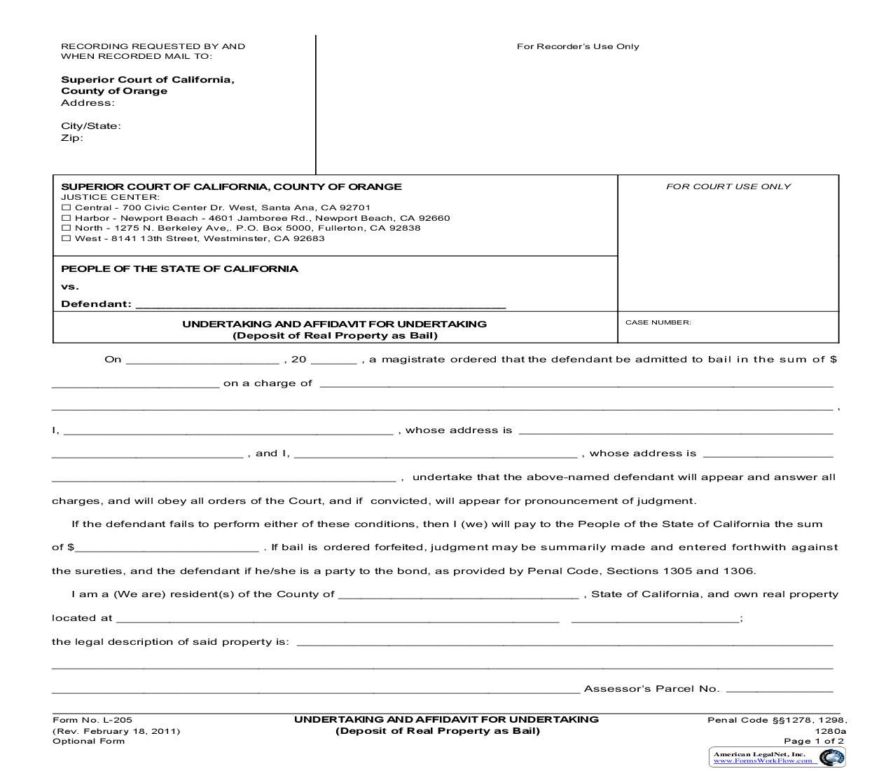 Undertaking And Affidavit For Undertaking (Deposit Of Real Property As Bail) {L-0205} | Pdf Fpdf Doc Docx | California