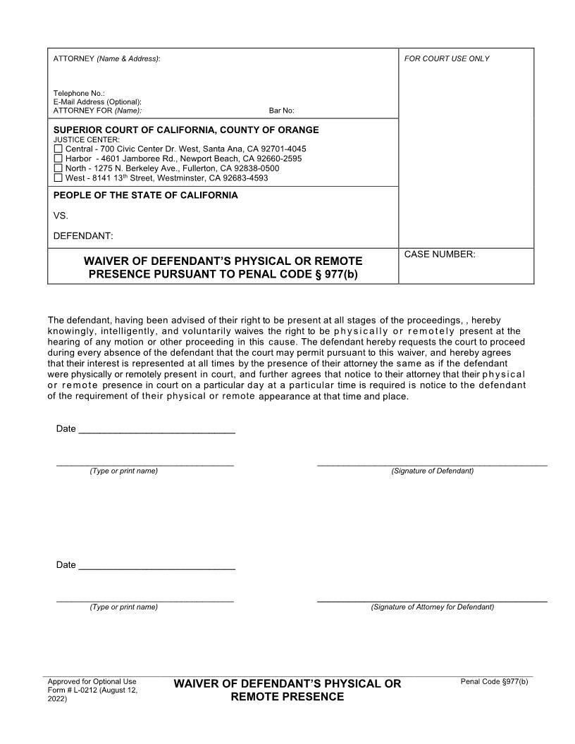 Waiver Of Defendents Physical Or Remote Presence {L-0212} | Pdf Fpdf Doc Docx | California