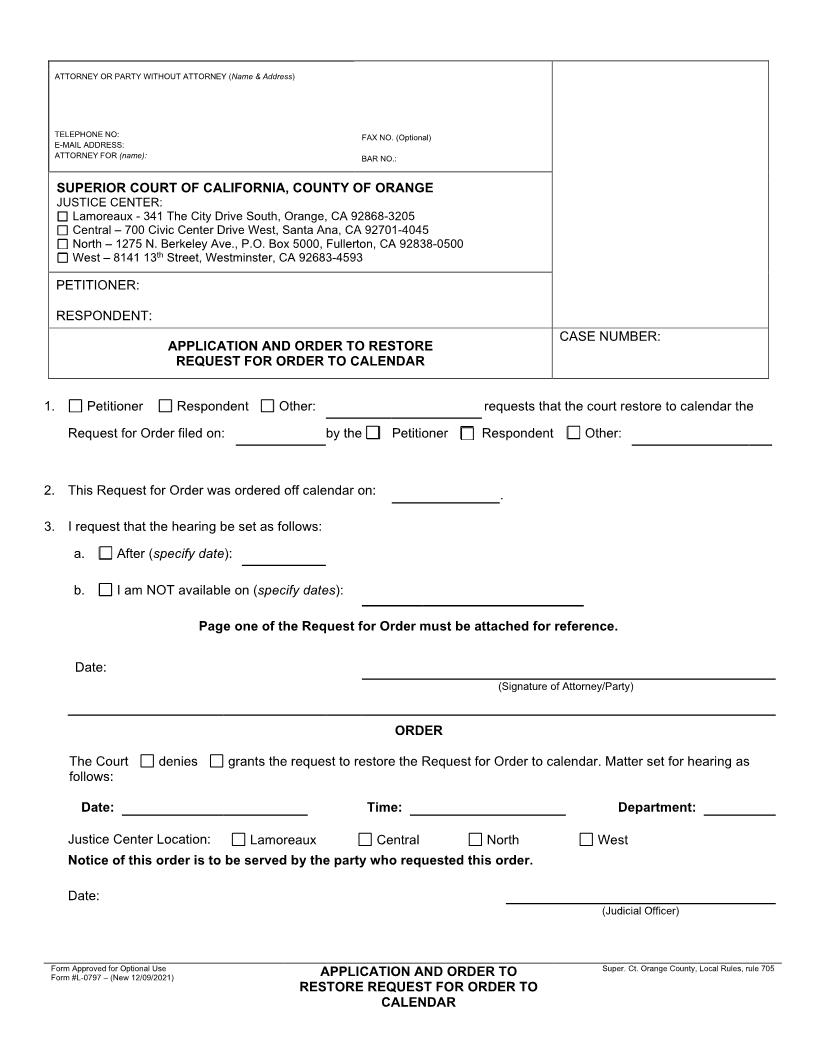 Application And Order To Restore Request For Order To Calendar {L-0797} | Pdf Fpdf Docx | California