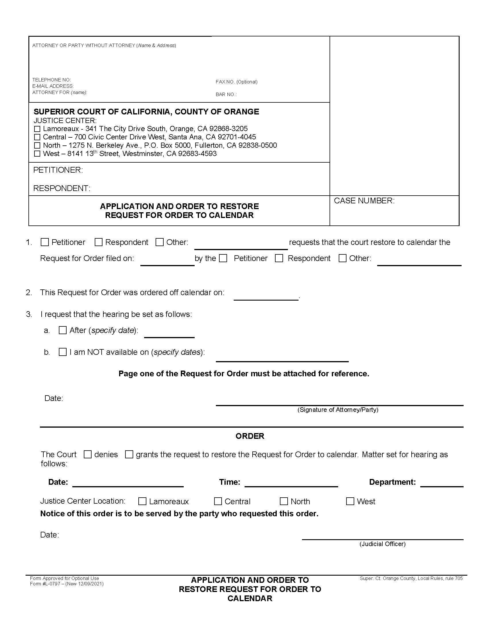 Application And Order To Restore Request For Order To Calendar {L-0797} | Pdf Fpdf Docx | California