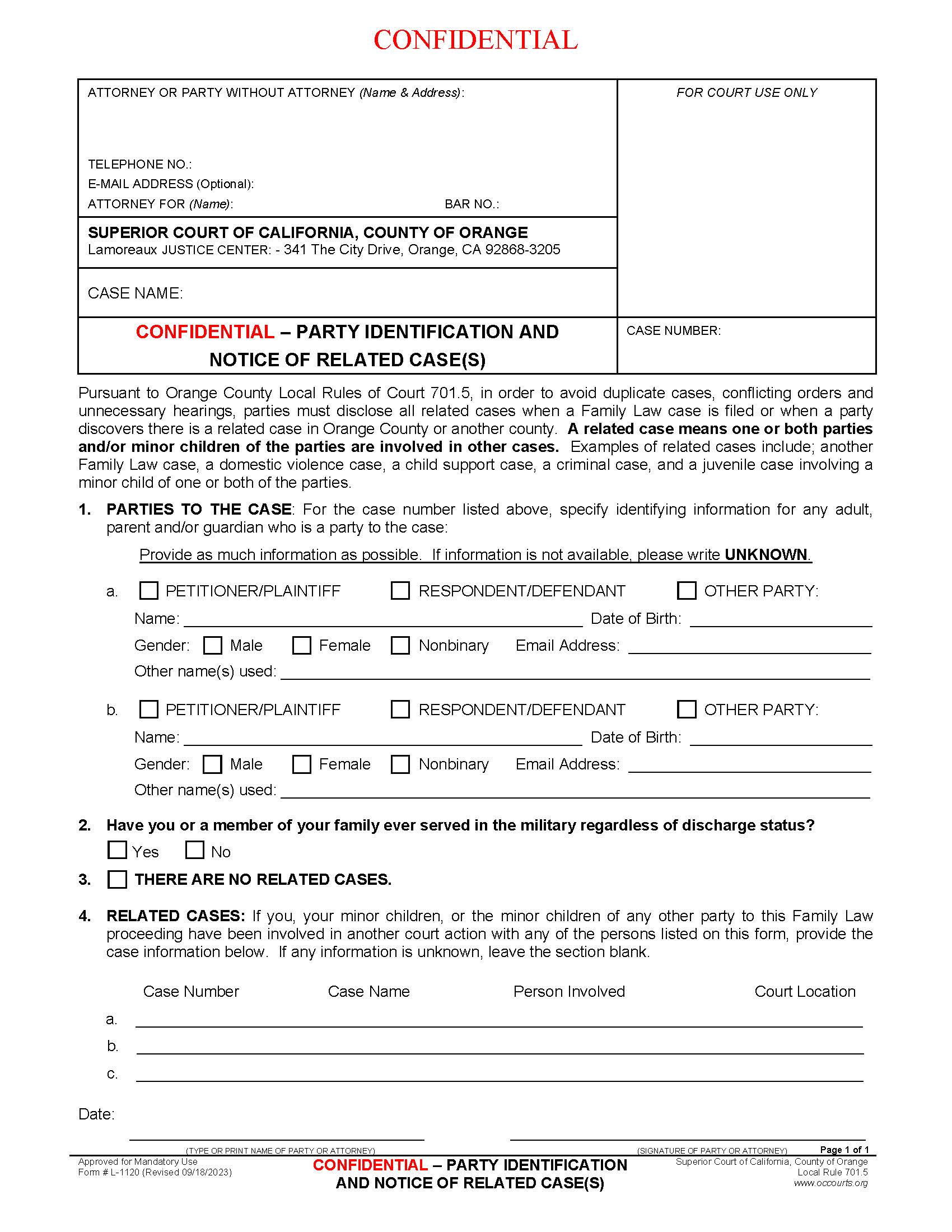 Confidential-Party Identification And Notice Of Related Case(s) {L-1120} | Pdf Fpdf Doc Docx | California