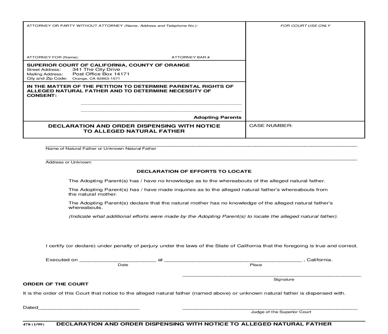 Declaration And Order Dispensing With Notice To Alleged Natural Father {L-0478} | Pdf Fpdf Doc Docx | California