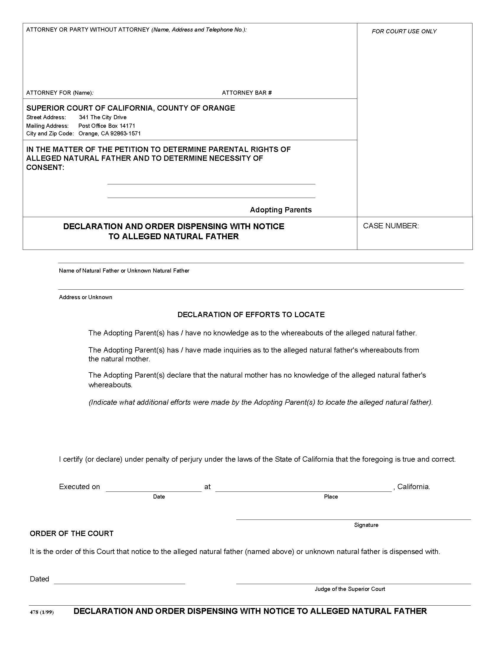 Declaration And Order Dispensing With Notice To Alleged Natural Father {L-0478} | Pdf Fpdf Doc Docx | California